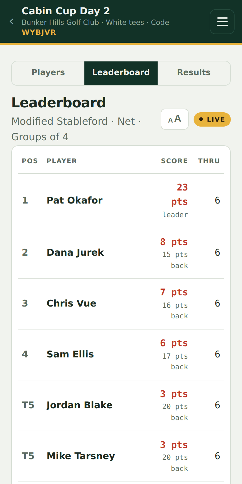 Modified Stableford points leaderboard