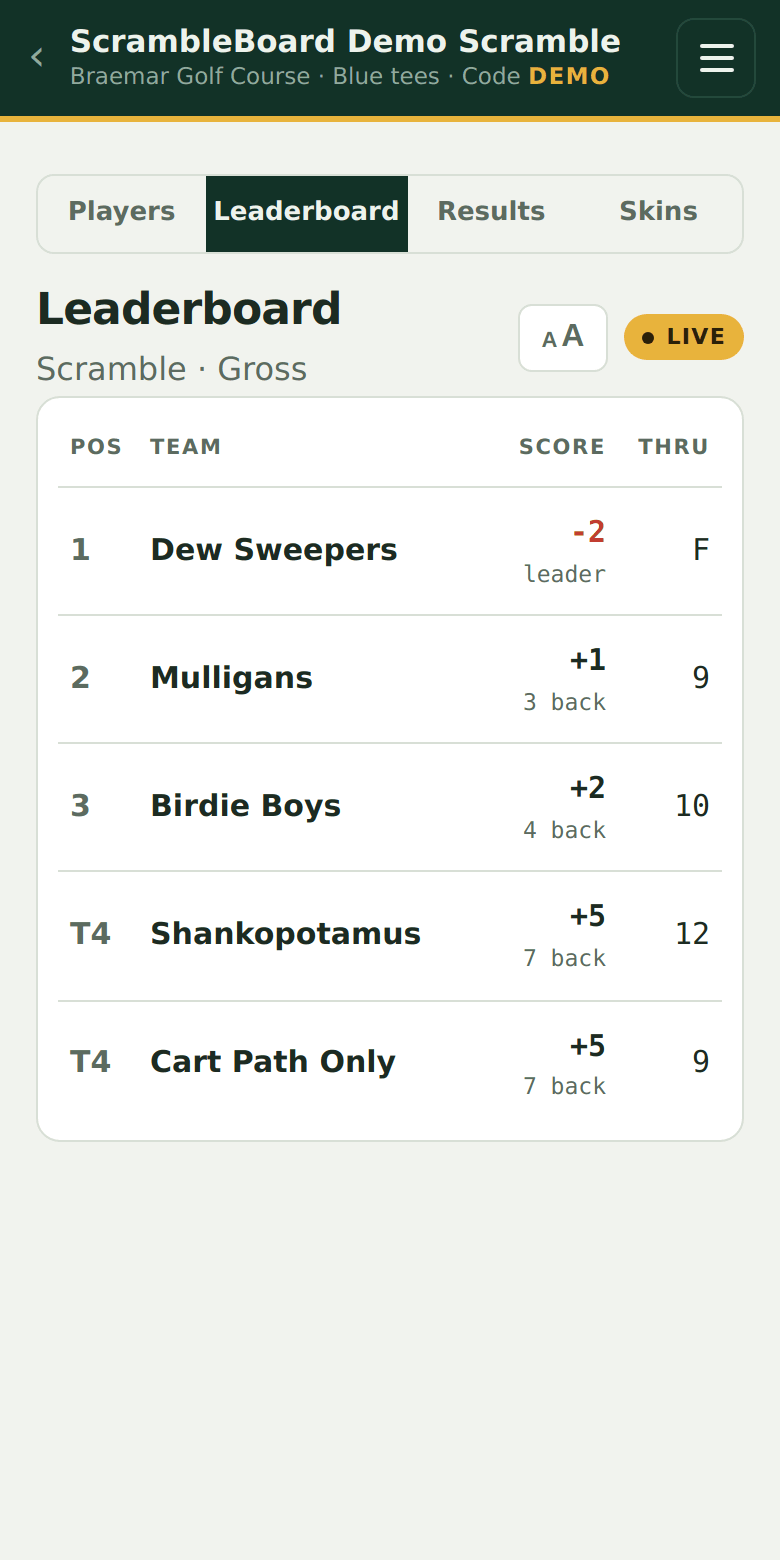The live leaderboard on a phone