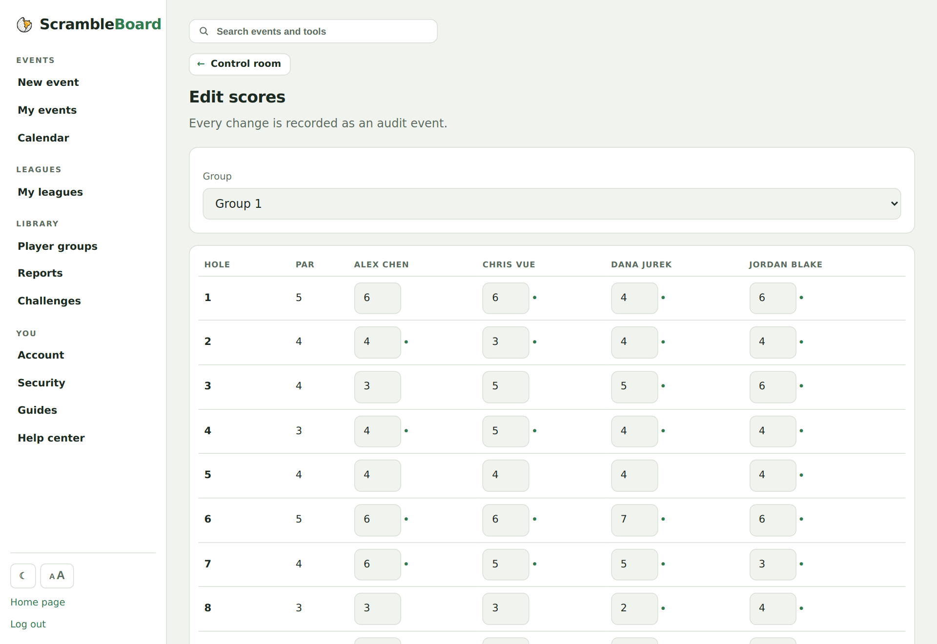 The organizer's edit-scores card