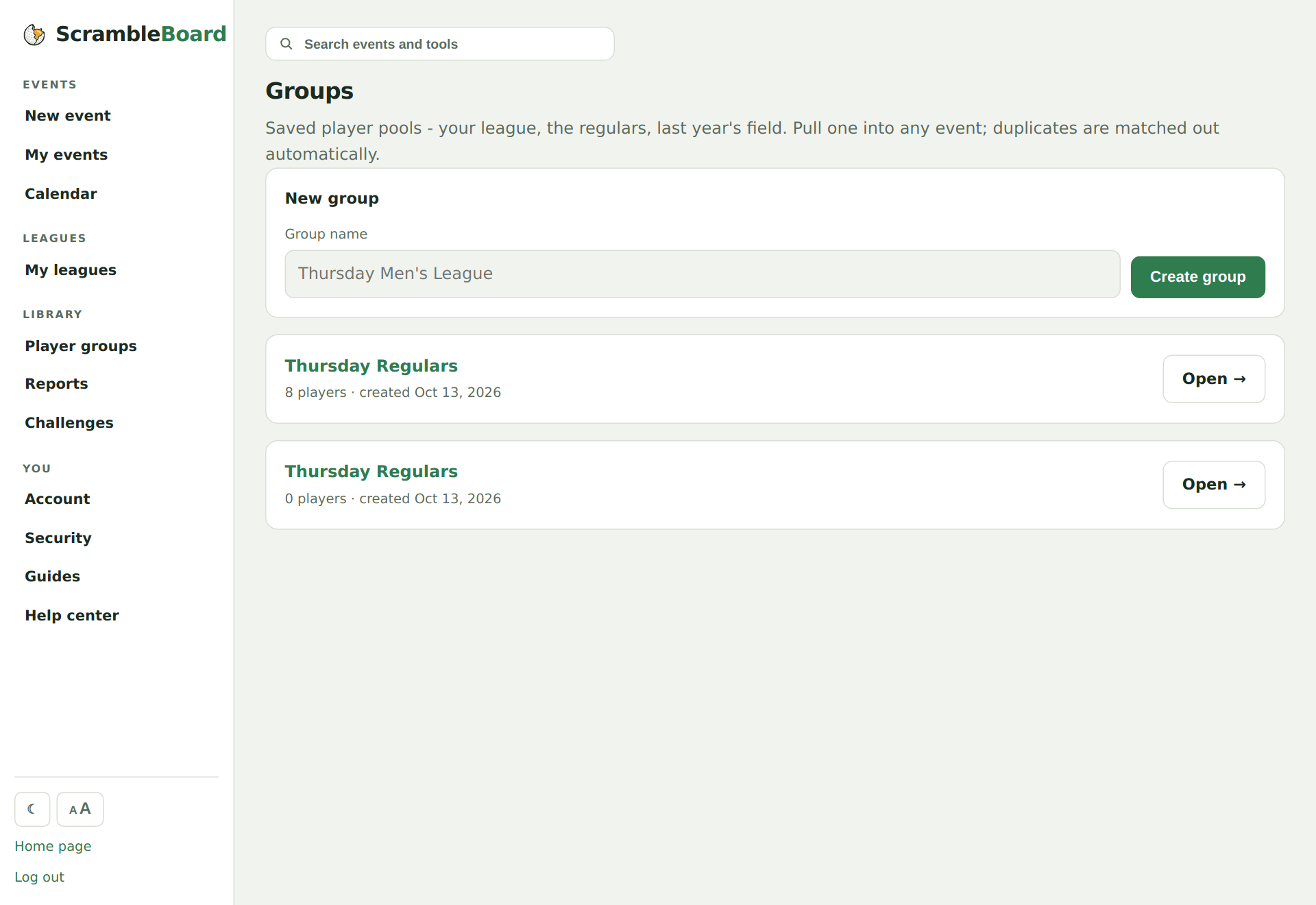 The Groups page with a saved player pool