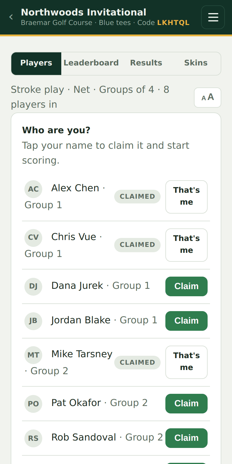 The join page: tap your name to claim it