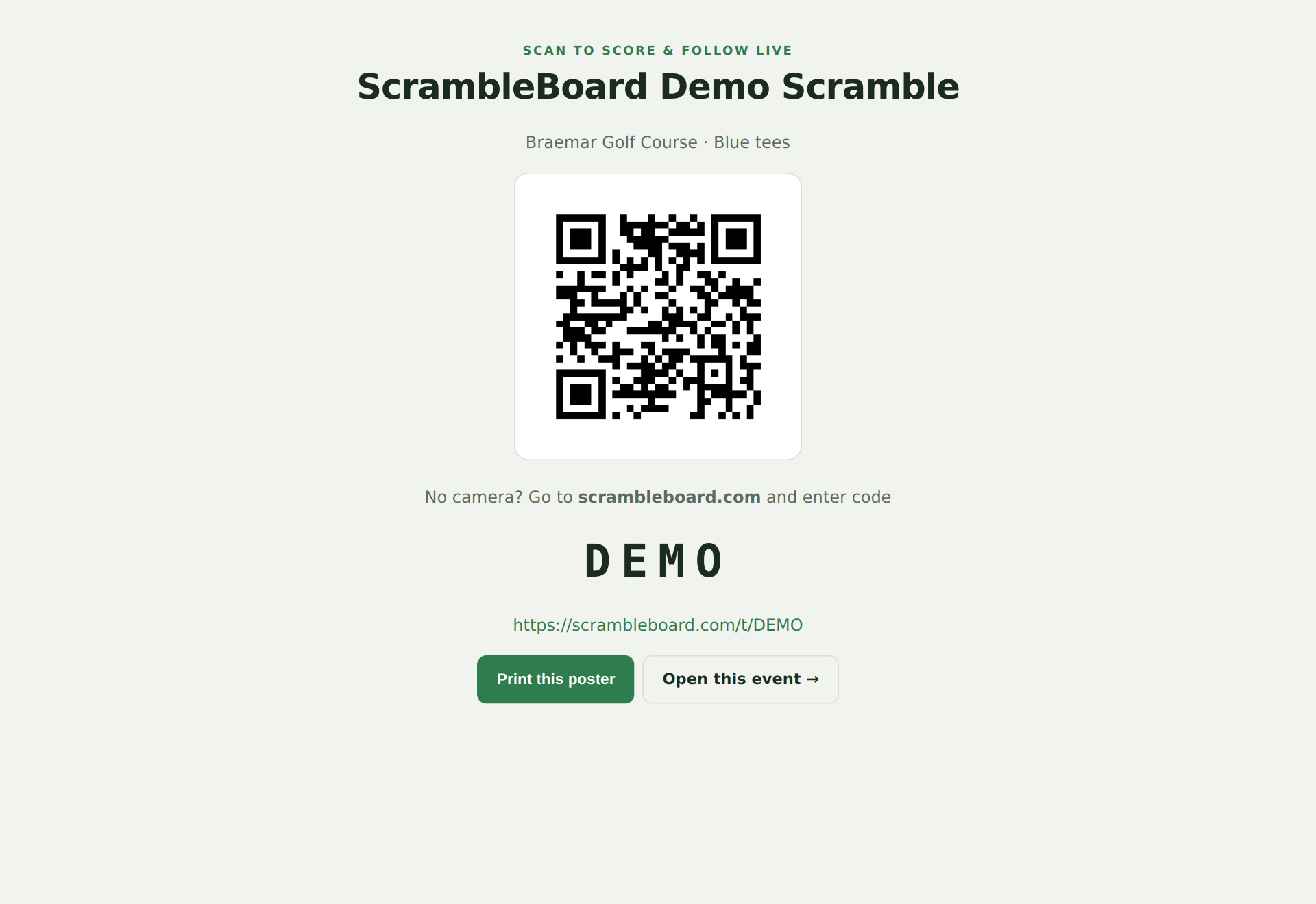Printable QR poster with the short join code