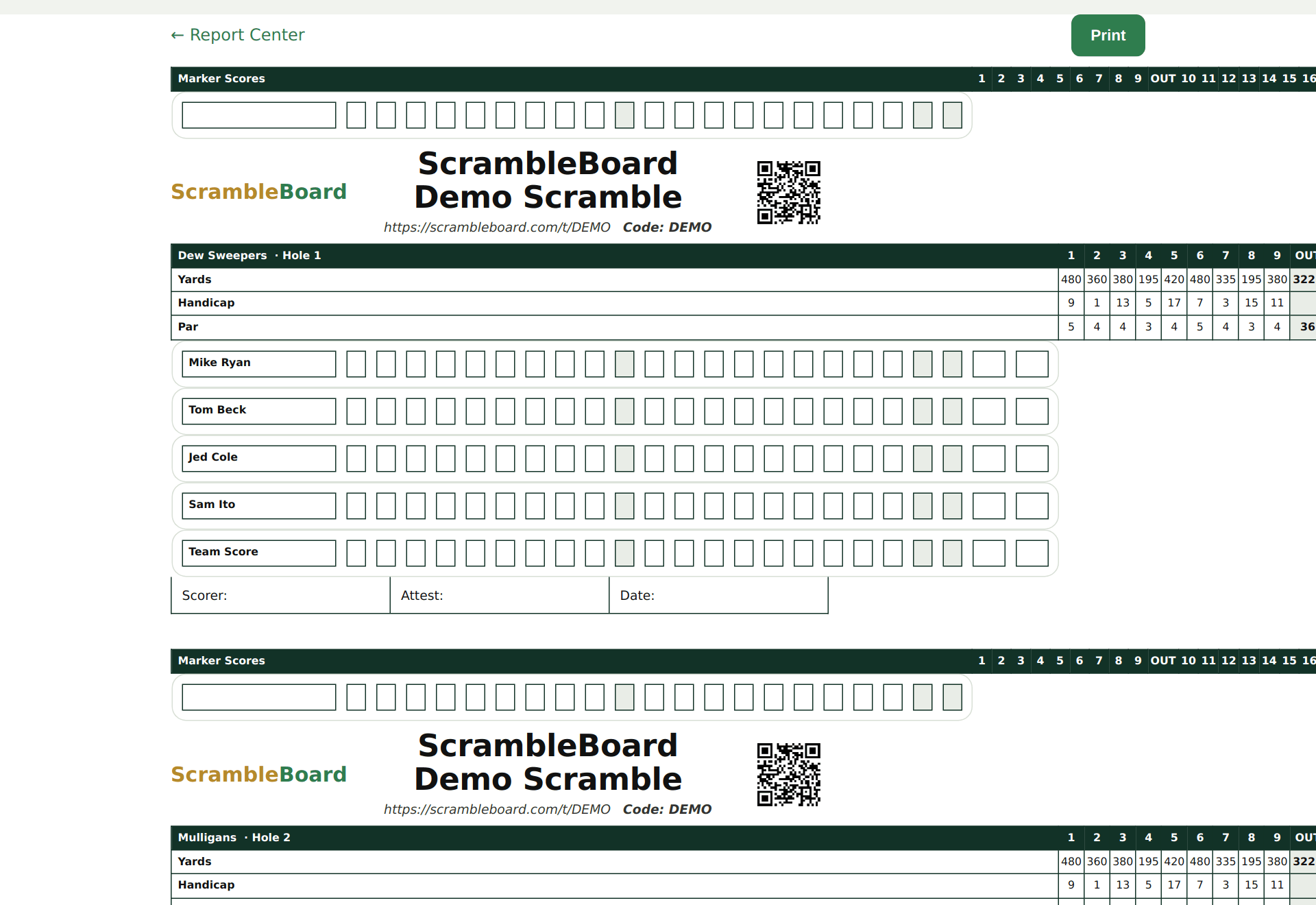 A printable tournament scorecard