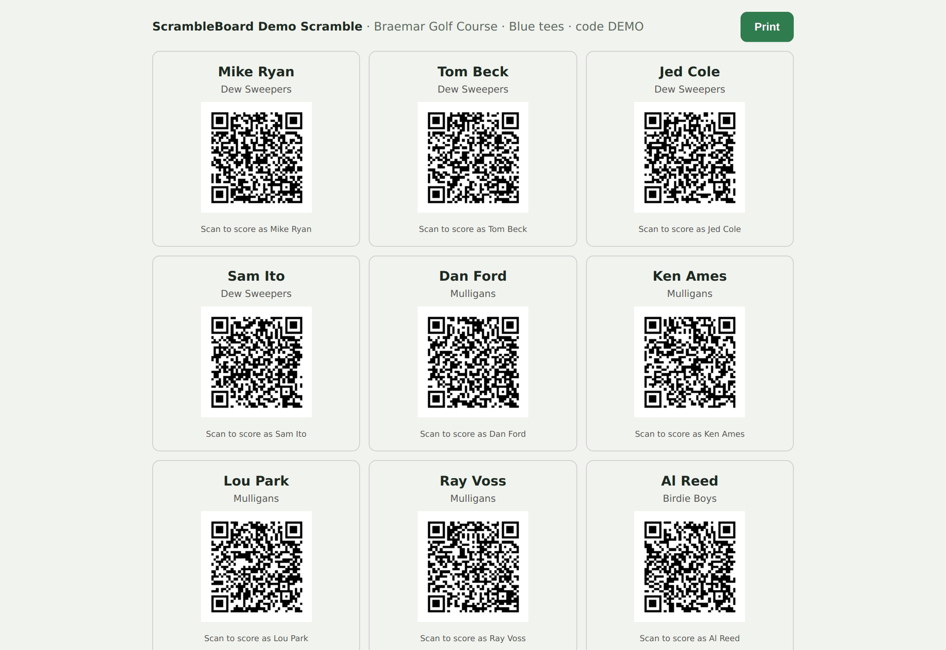 Printable per-player QR cards