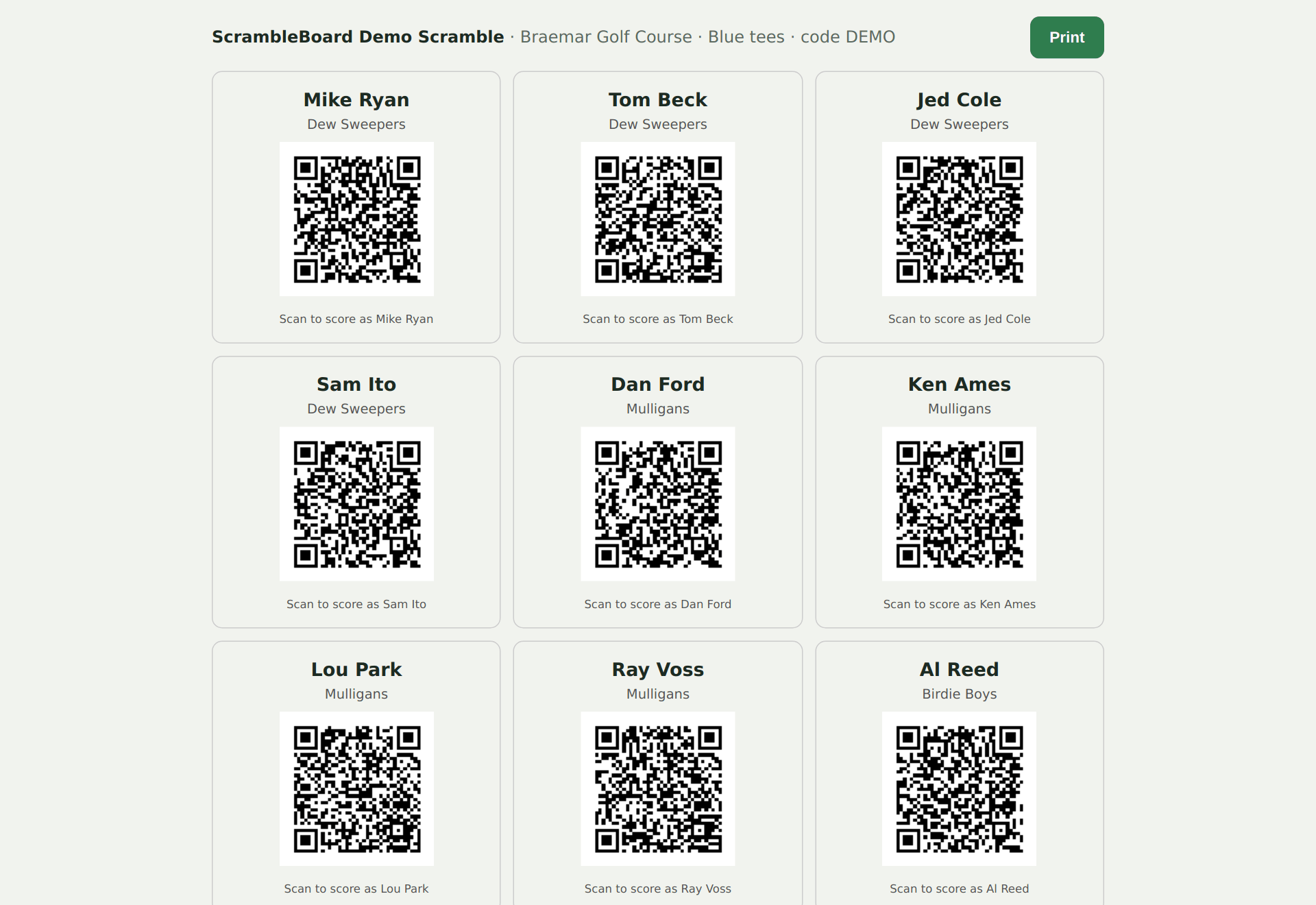 Per-player QR cards, one scan claims that name