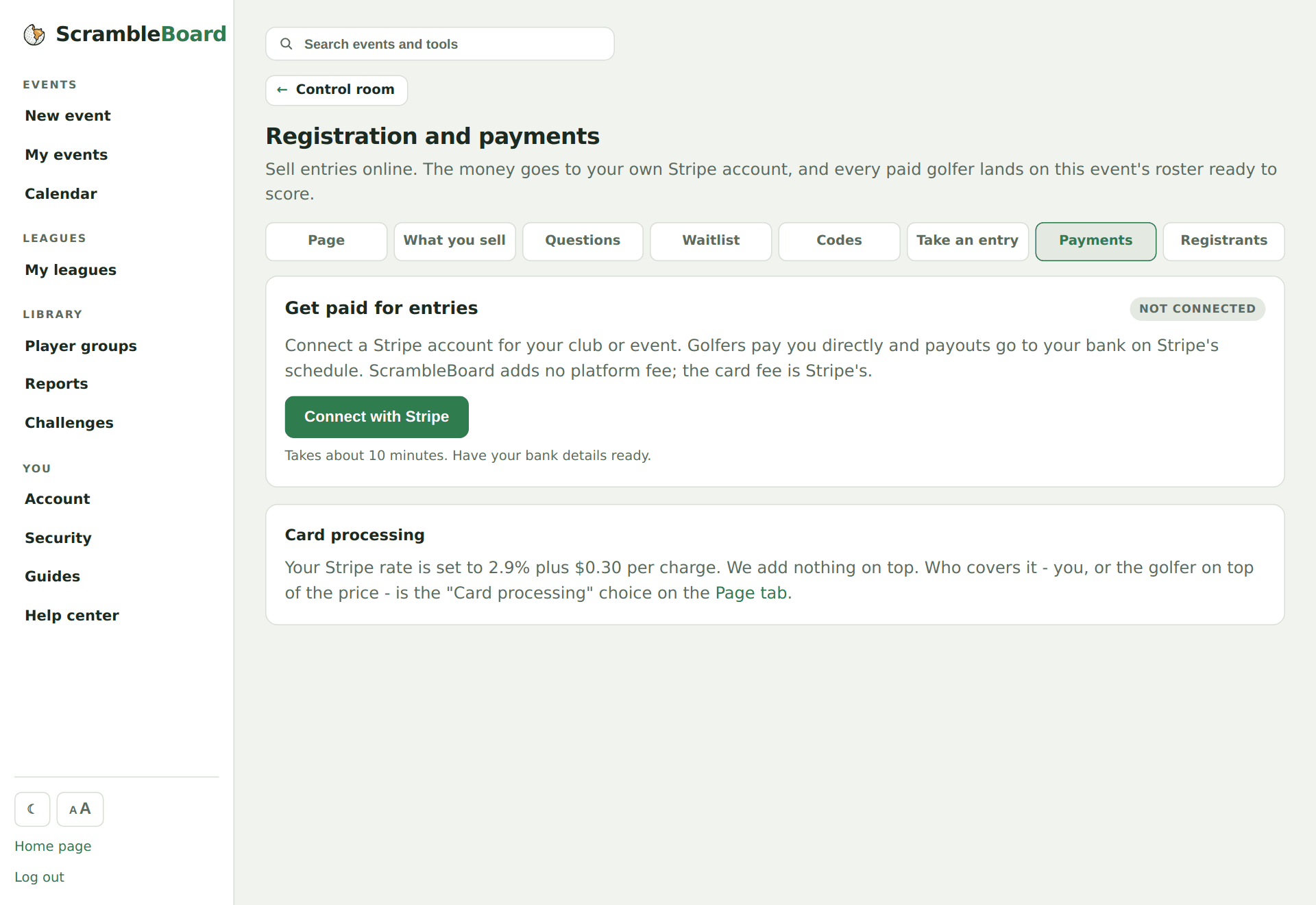 The Payments tab with the Connect with Stripe button