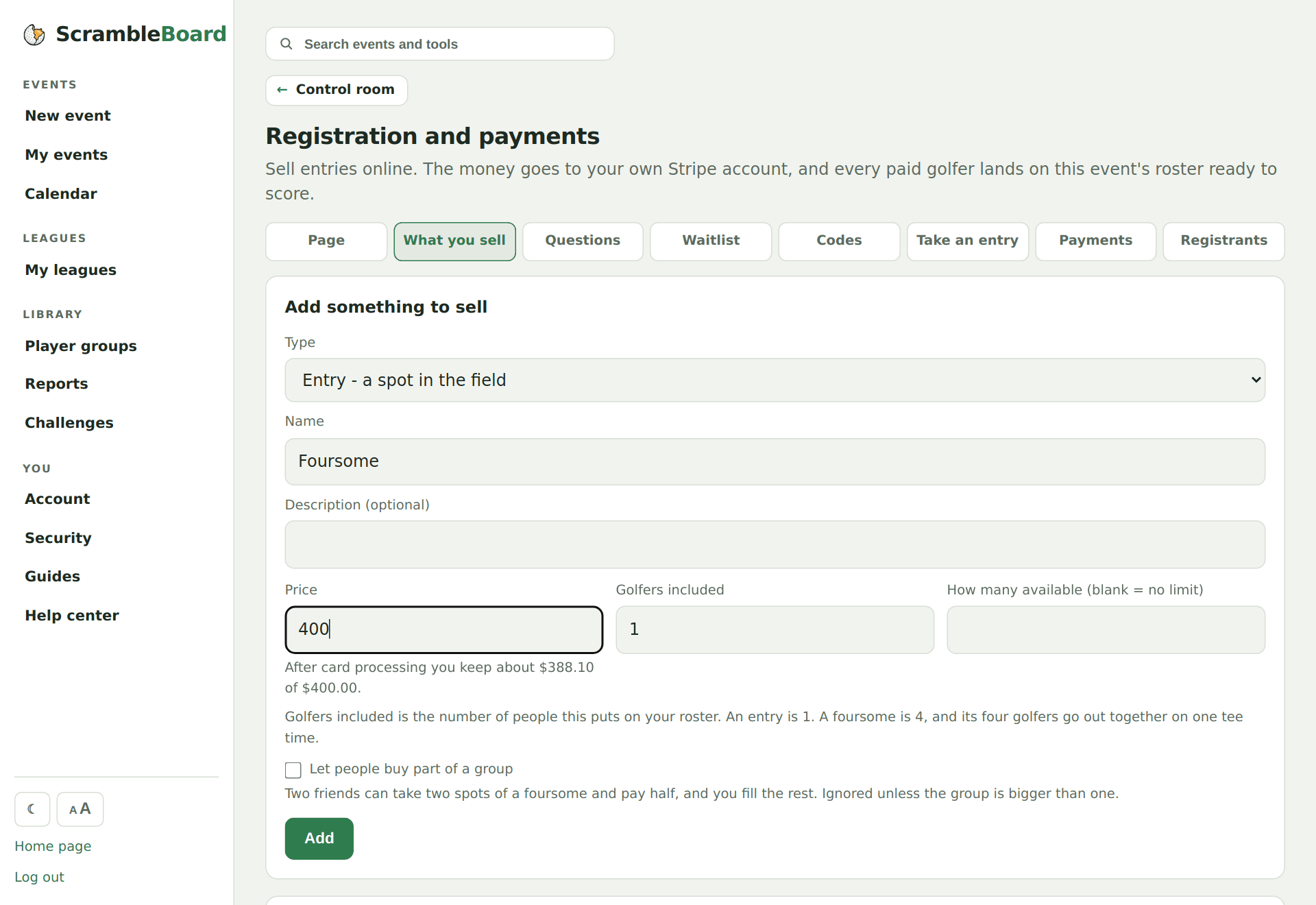The product form showing the net-after-fees preview under the price