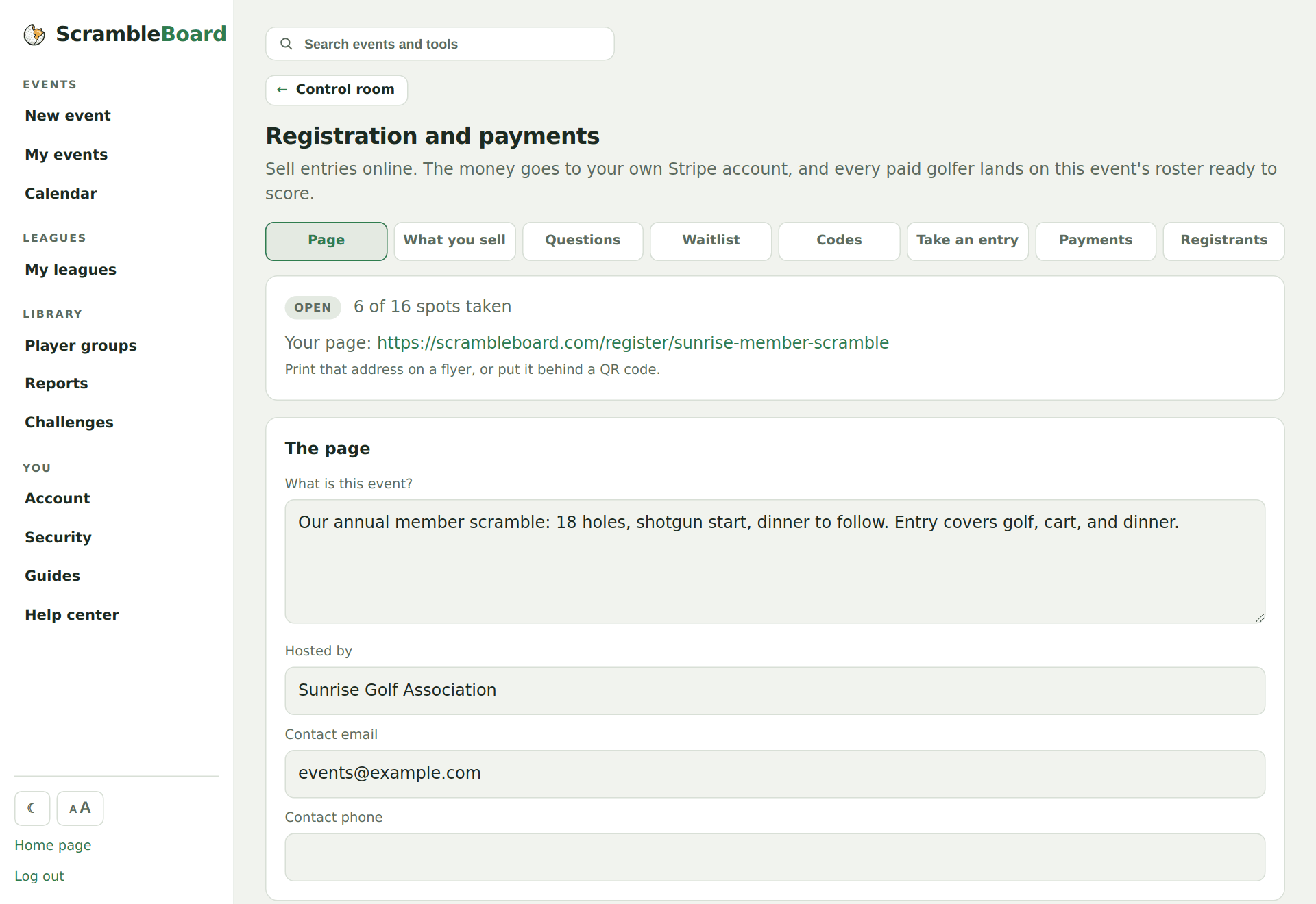 The registration settings tab with the public sign-up link