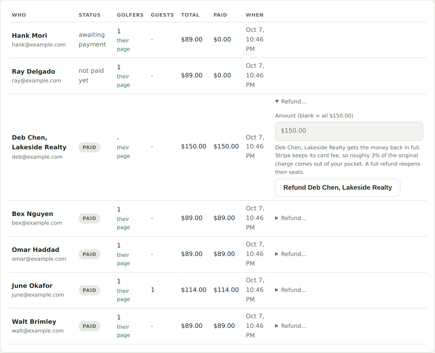The refund form open on a paid order