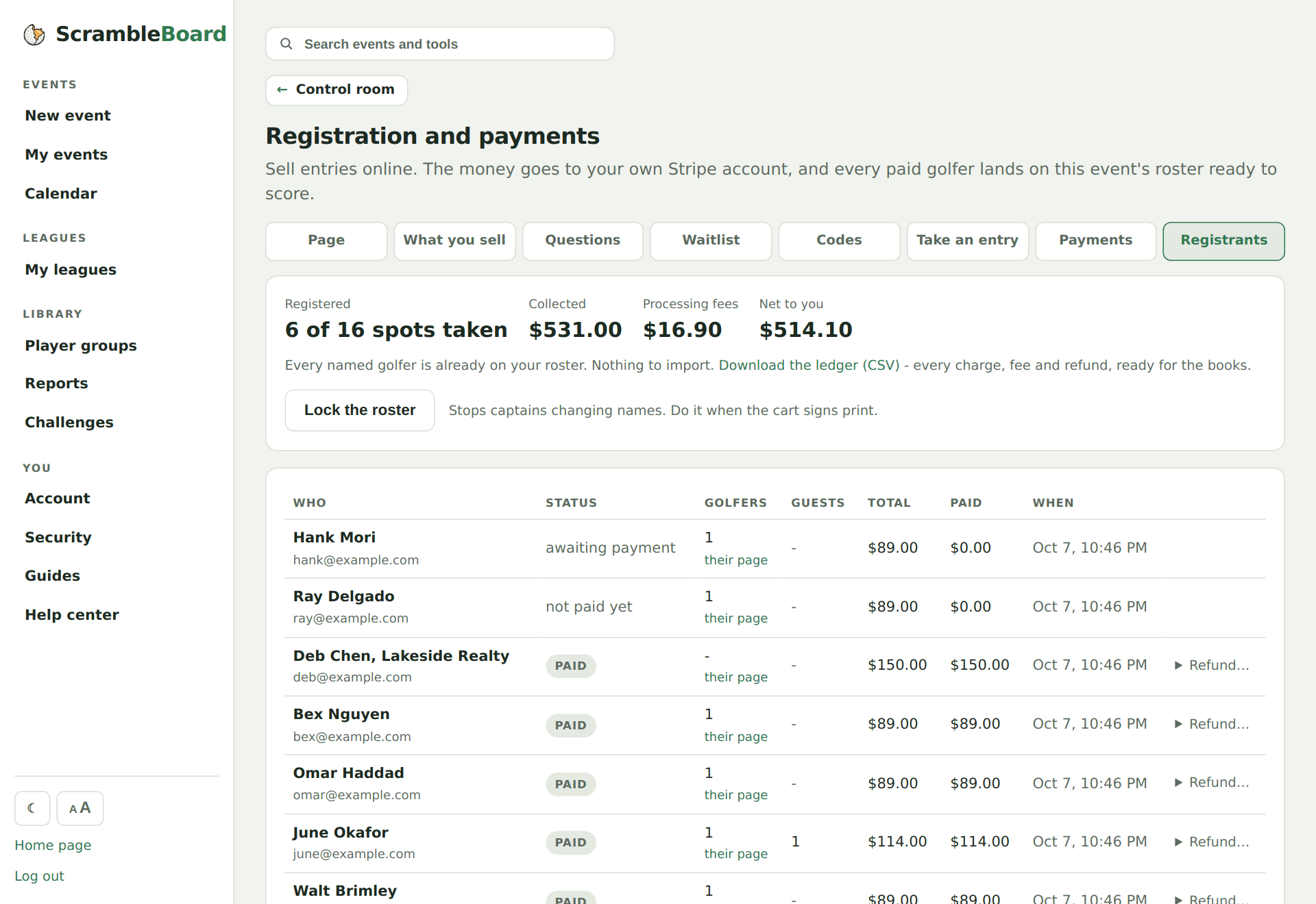 The Registrants tab money strip and order list