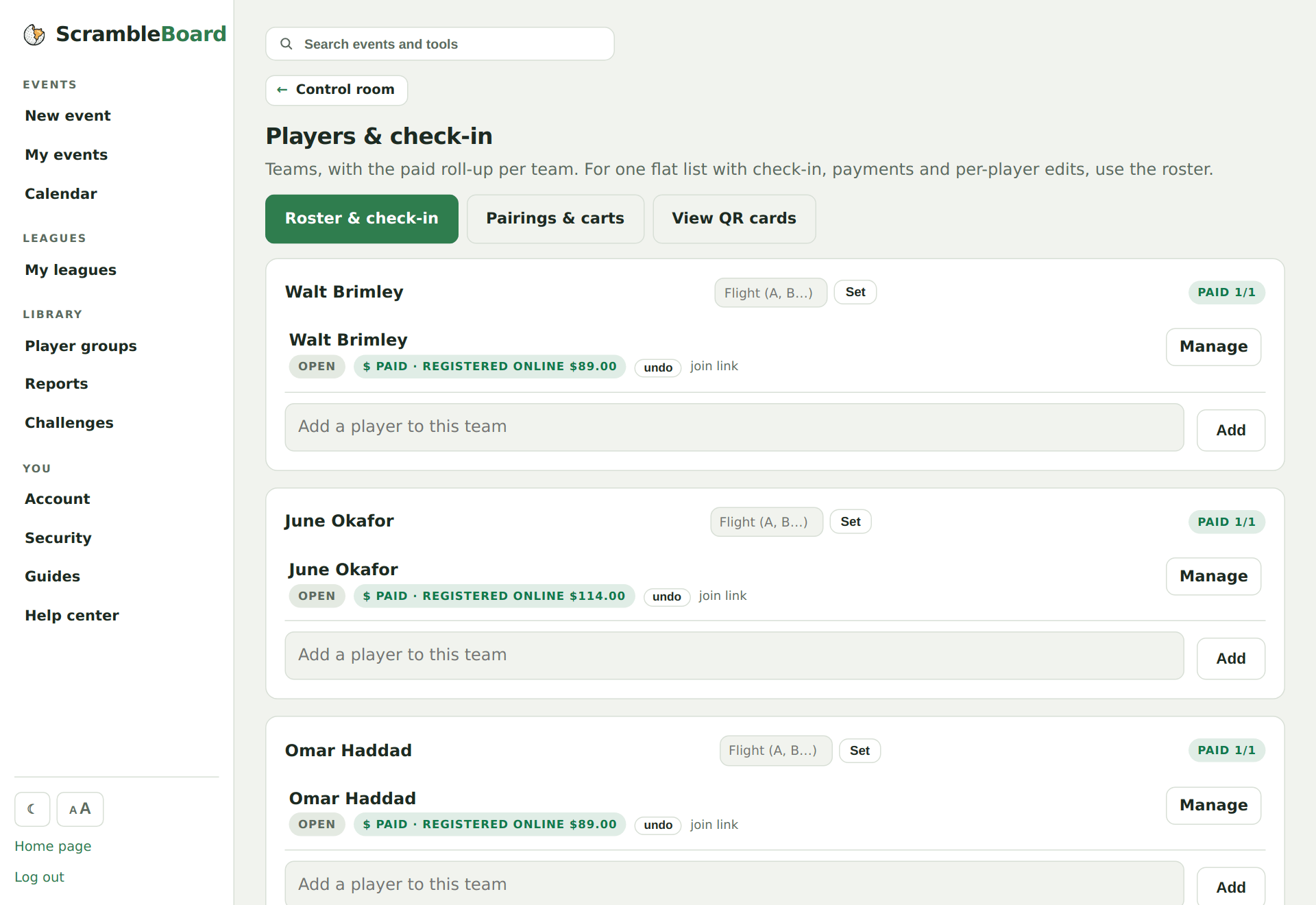 The players page with registered golfers marked paid