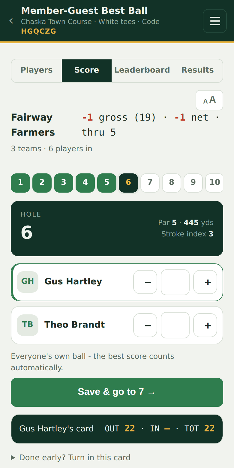 Best ball hole view: one score per teammate