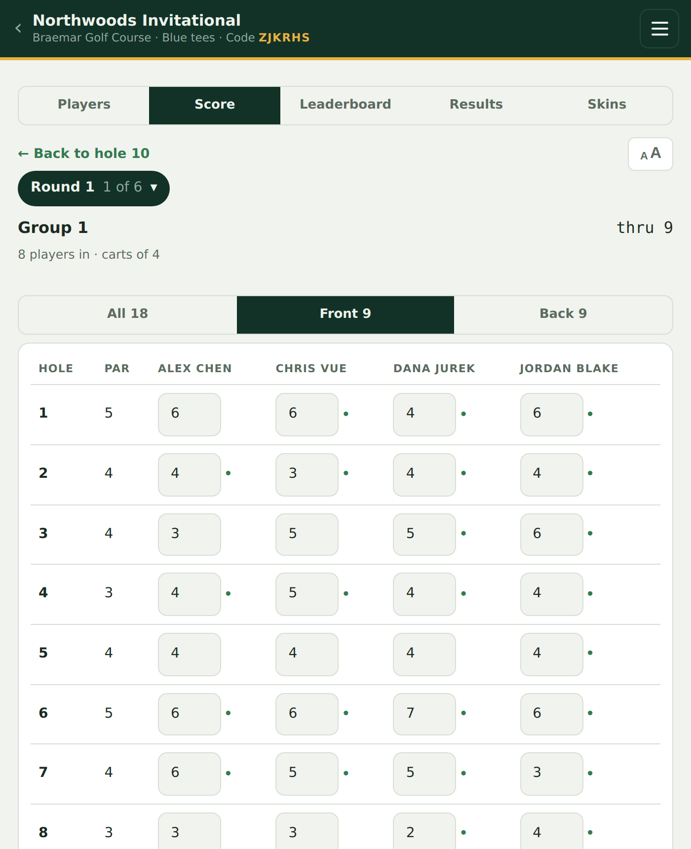 The front-nine card view