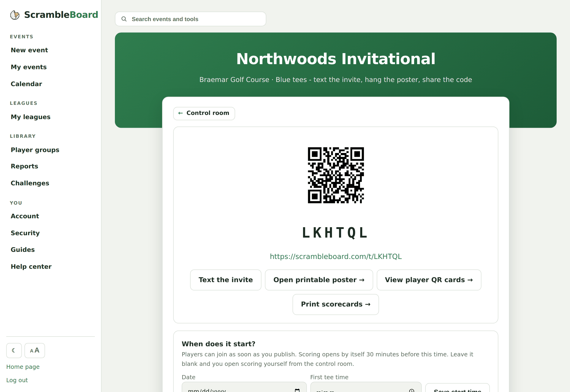The share page: QR code, join code, and the roster intake tabs