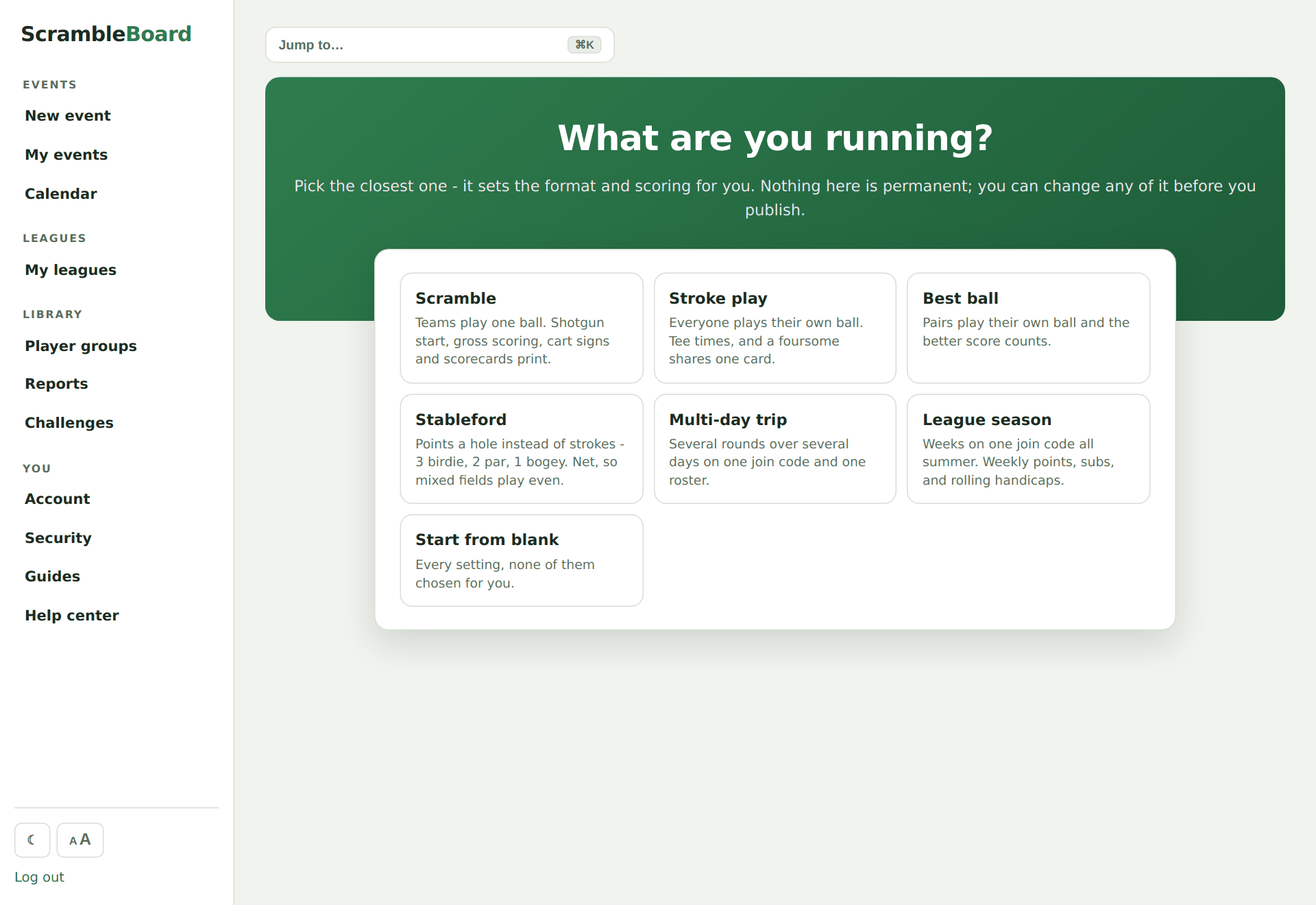 Wizard step 1: event name and course picker