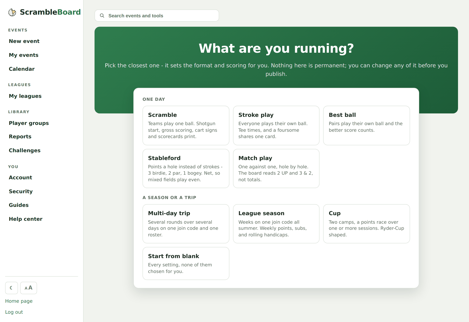 Wizard step 1: event name and course picker