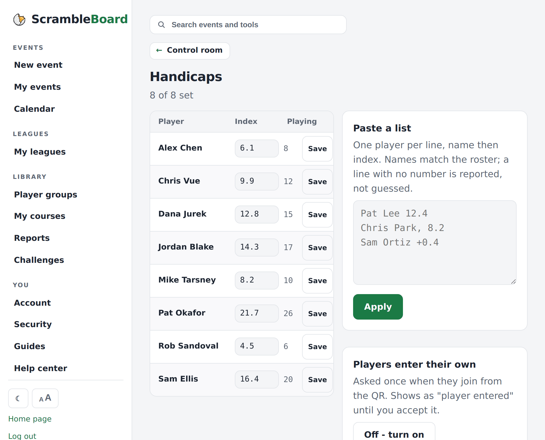 The handicaps page - every player's index in one grid, paste or fill the blanks