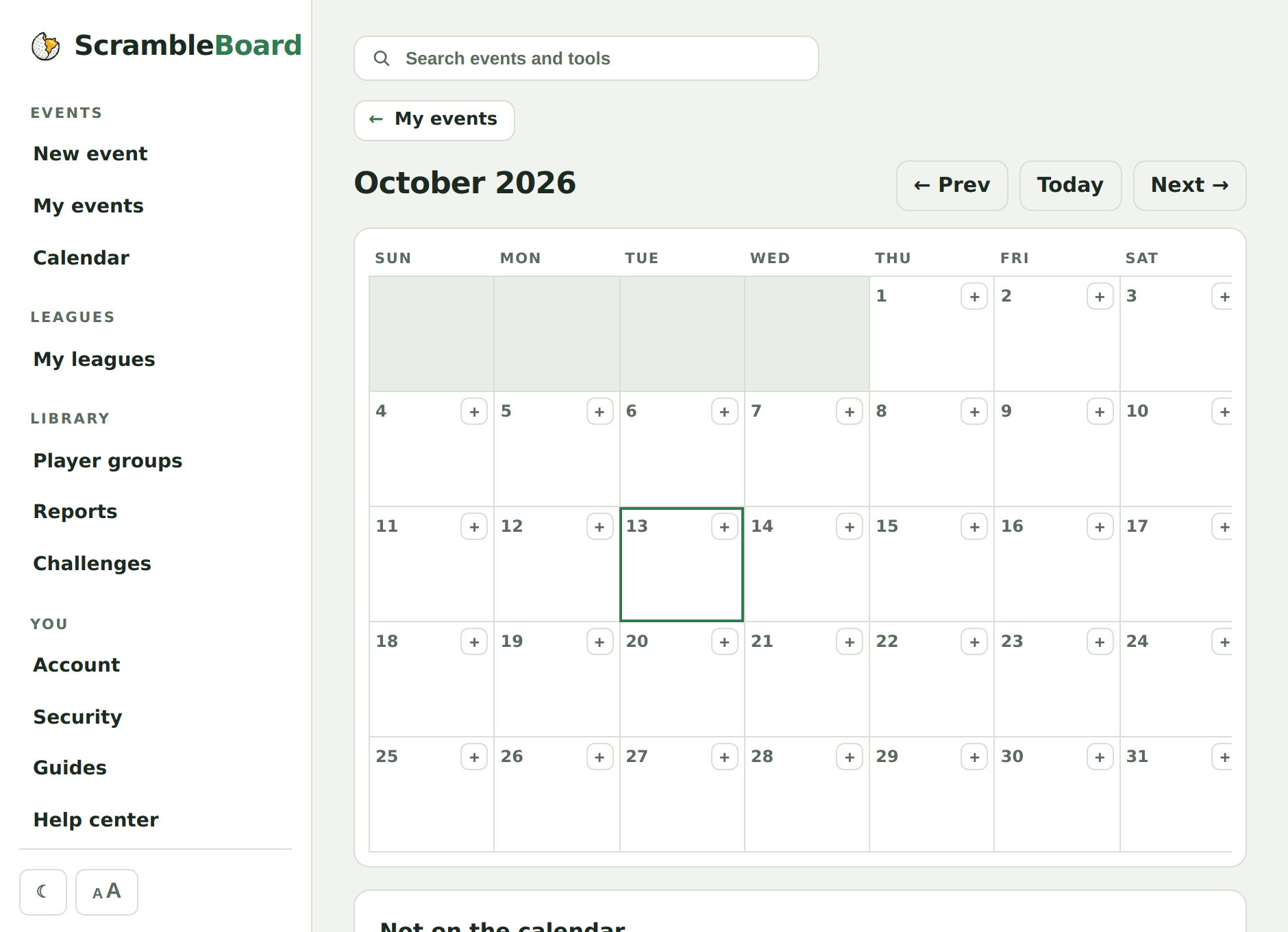 The month calendar - every scheduled round, editable in place