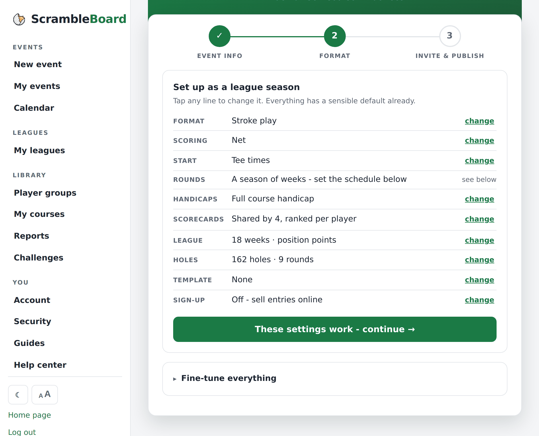 The league planner - points scheme and the weekly schedule
