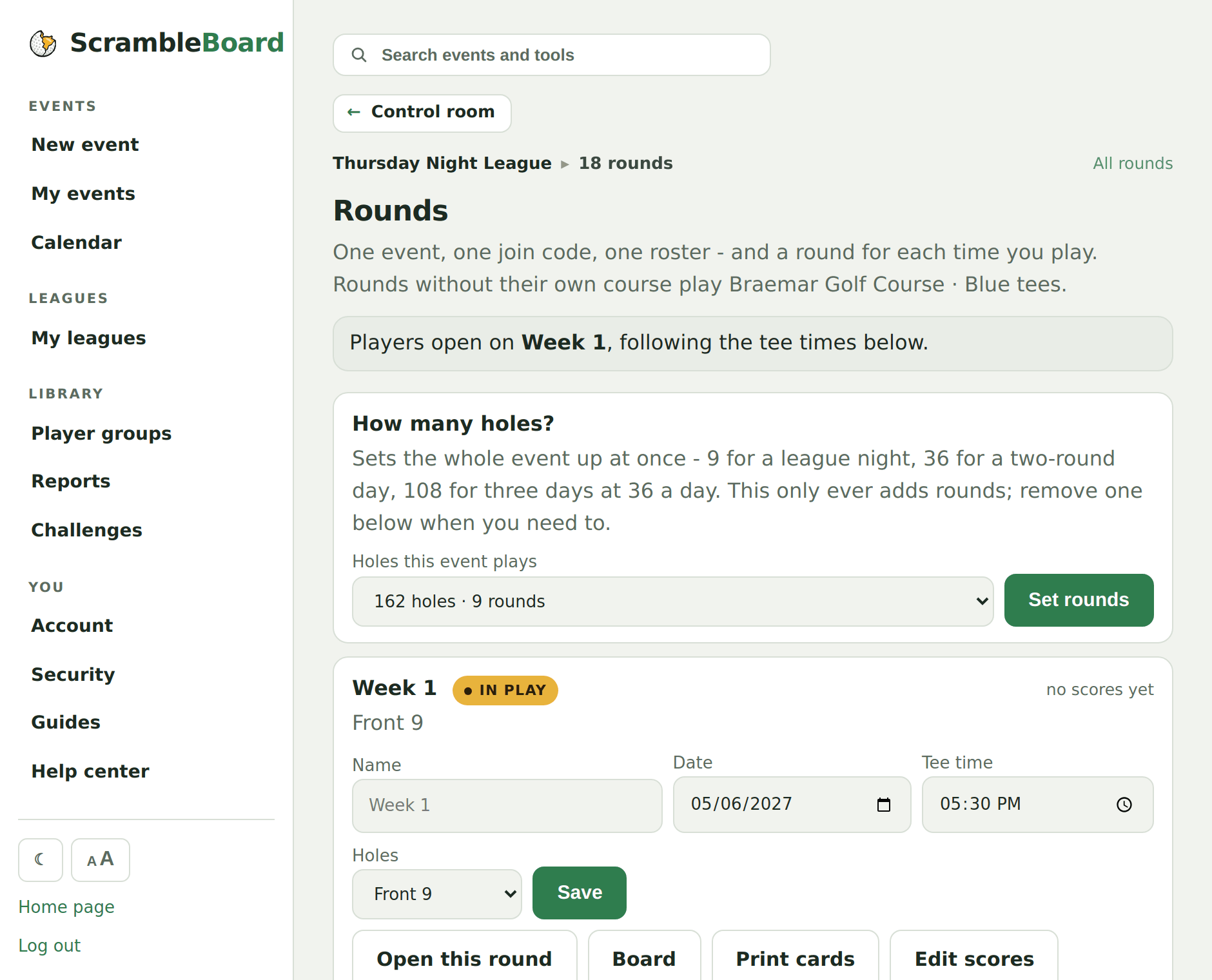 The generated season - every week with its date and nine on the rounds manager
