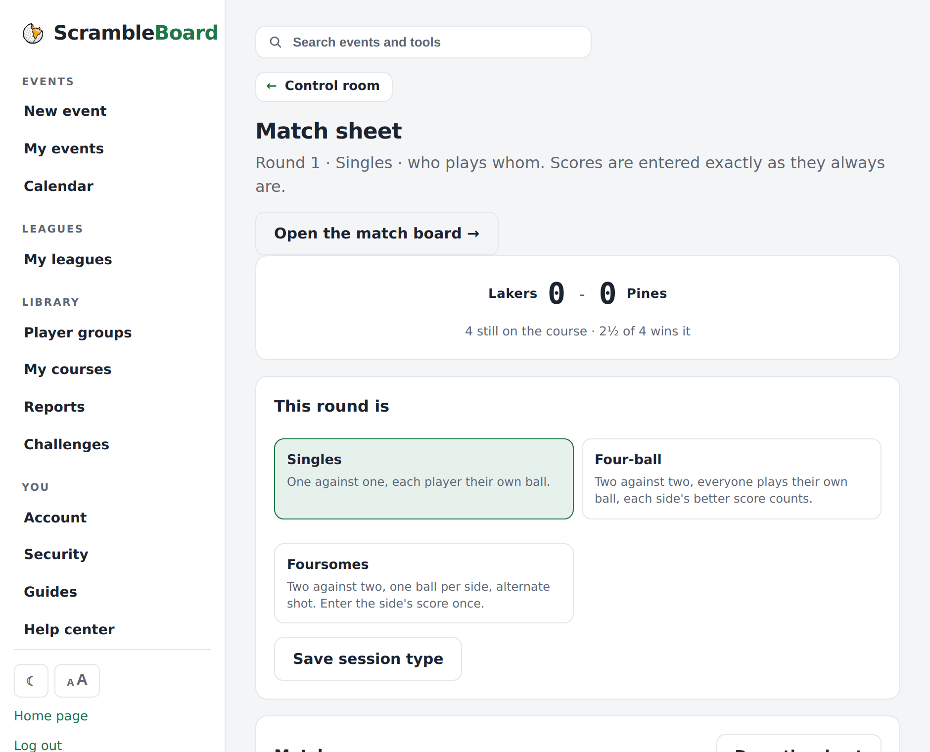 The match sheet - two camps and the drawn matches