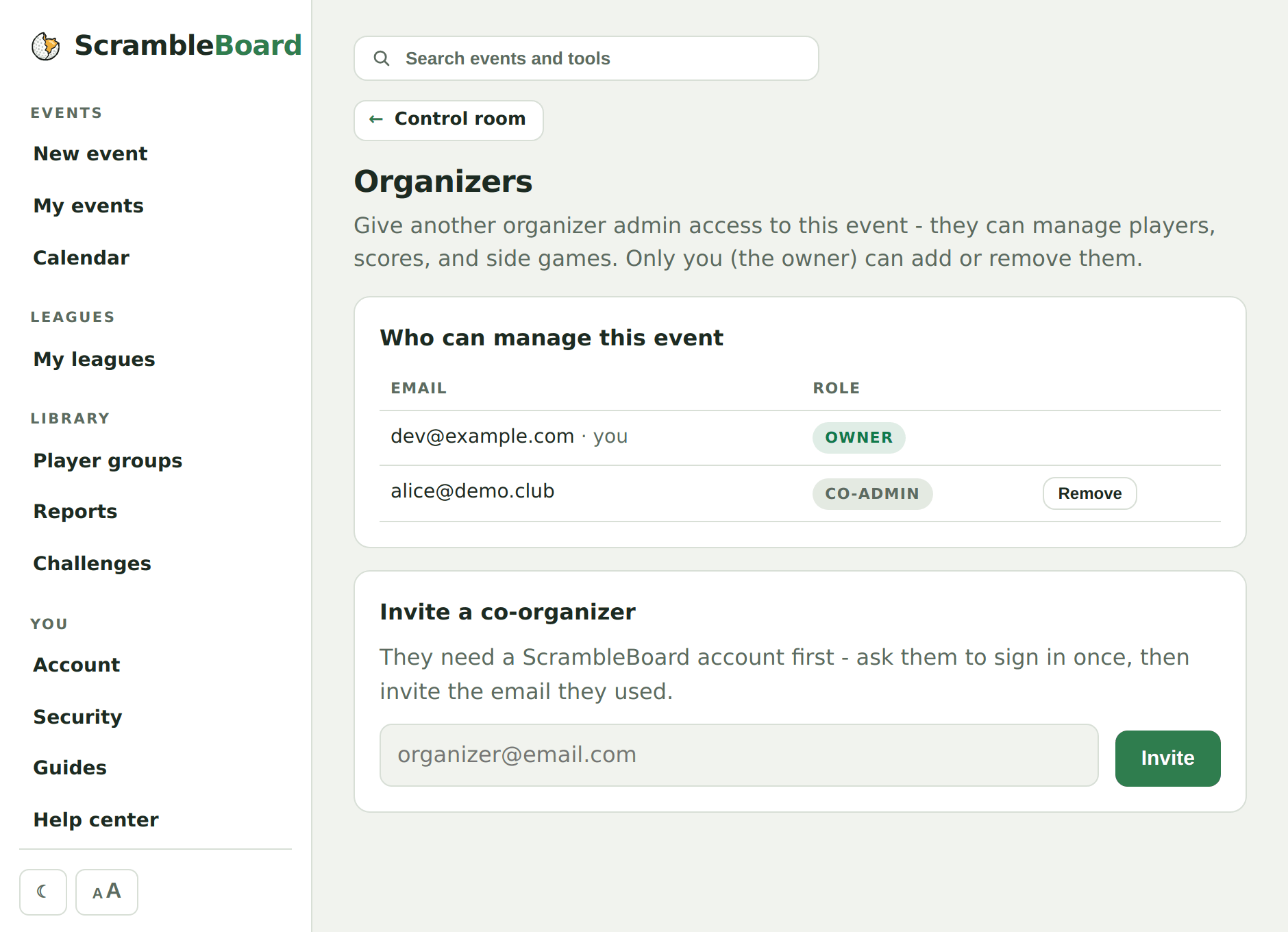 The Organizers page - invite a co-organizer by email