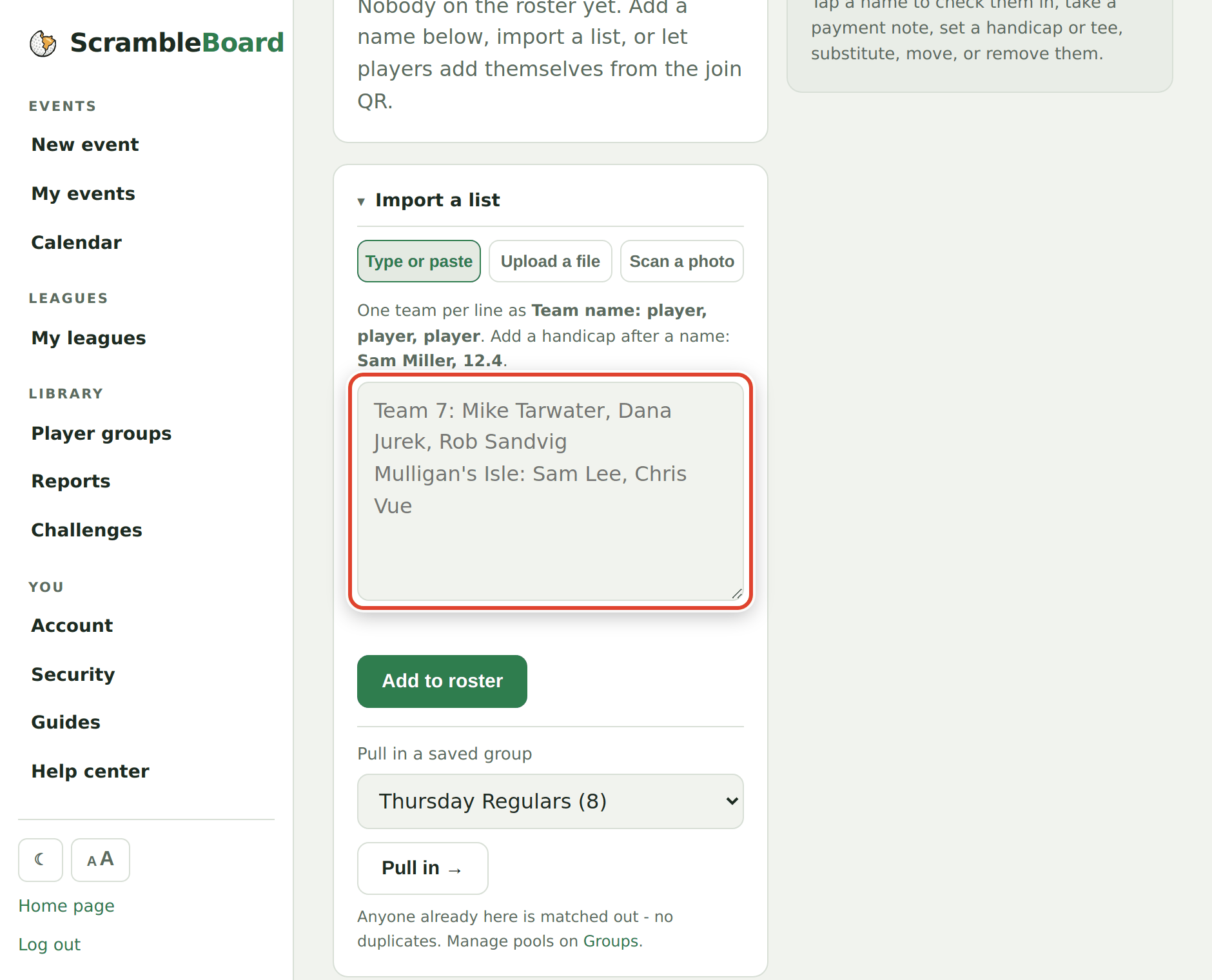 The import box - paste, upload a file, or photograph the sheet