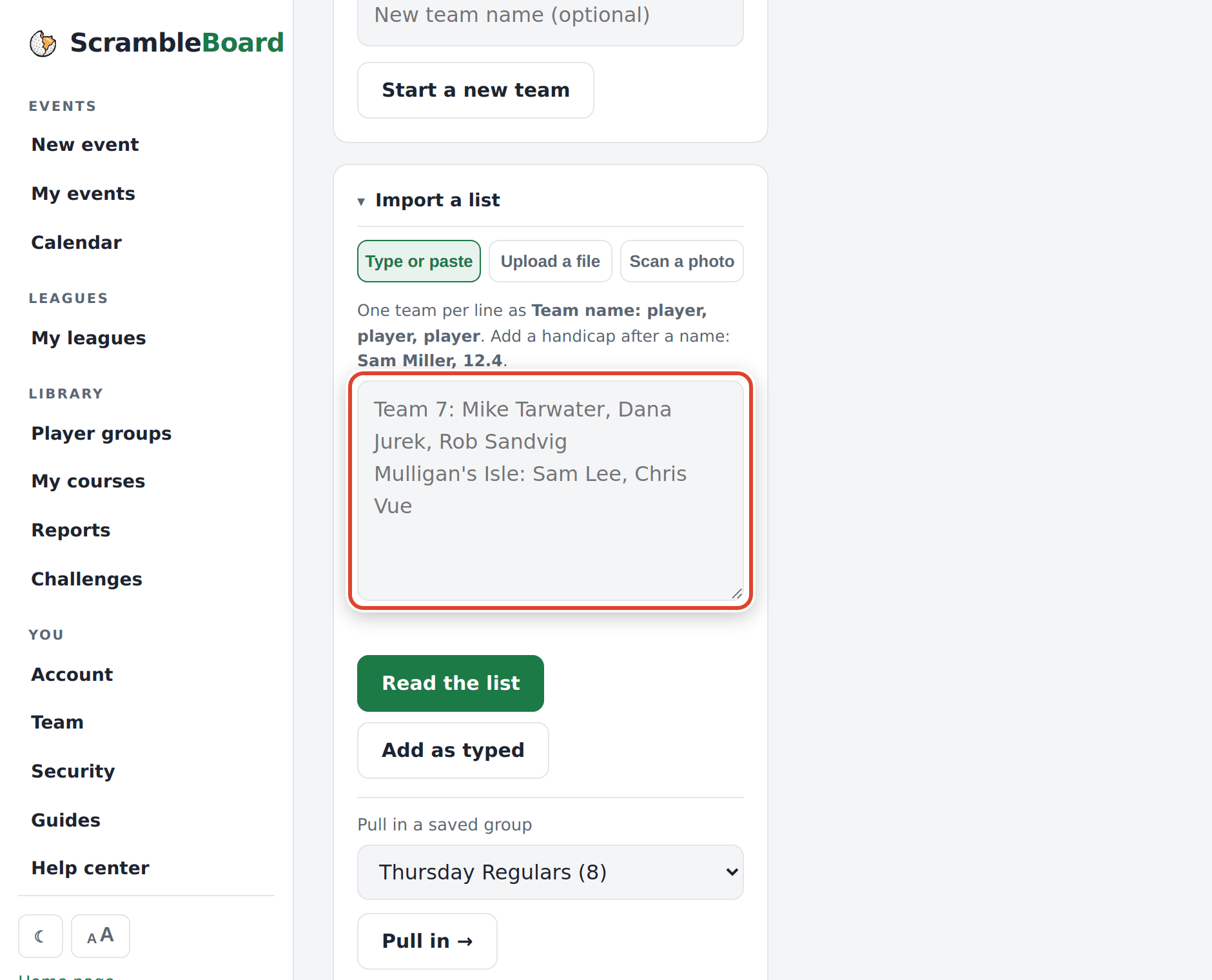 The roster page - paste one line per player or upload the spreadsheet