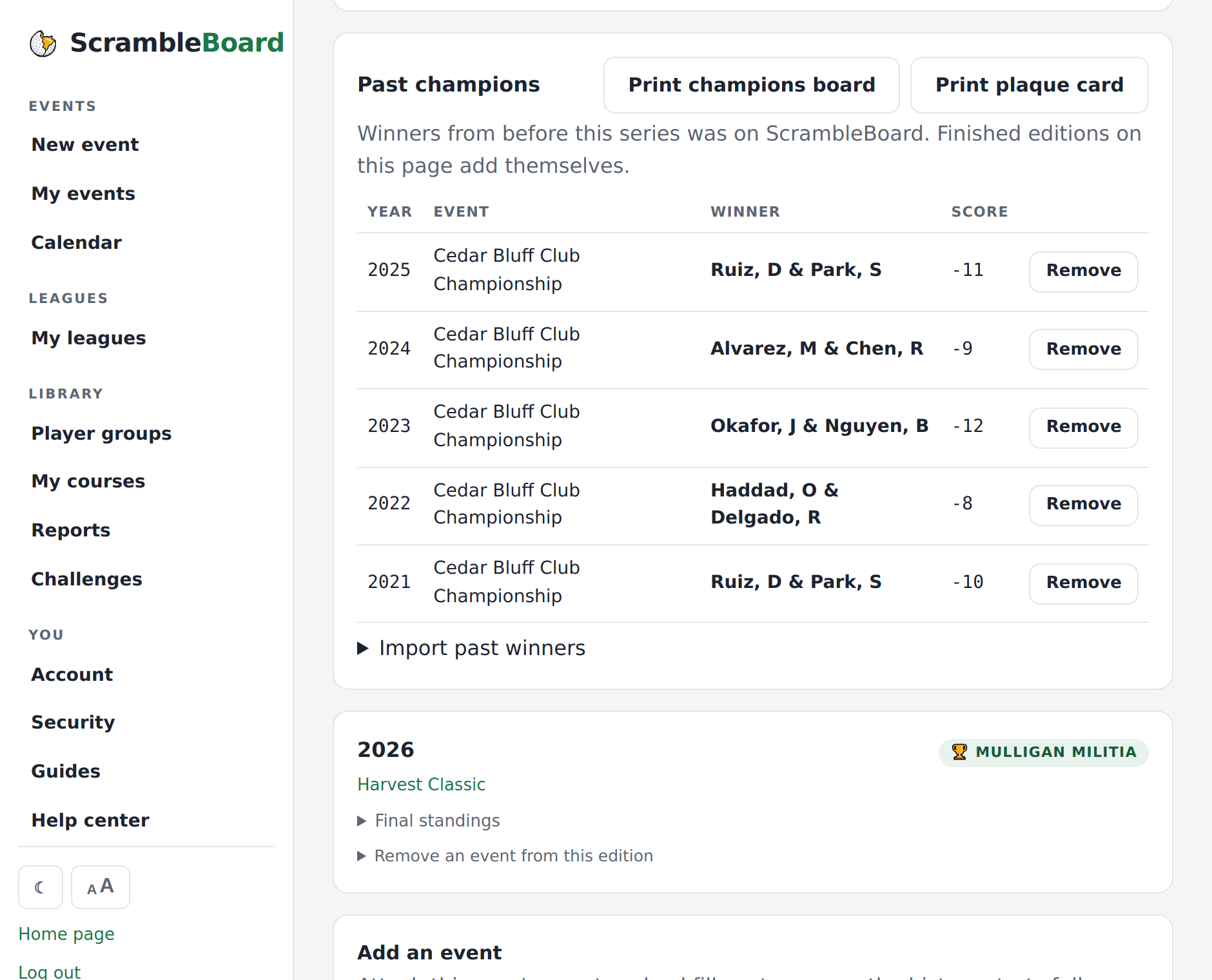 Past champions - typed-in years beside the editions ScrambleBoard ran