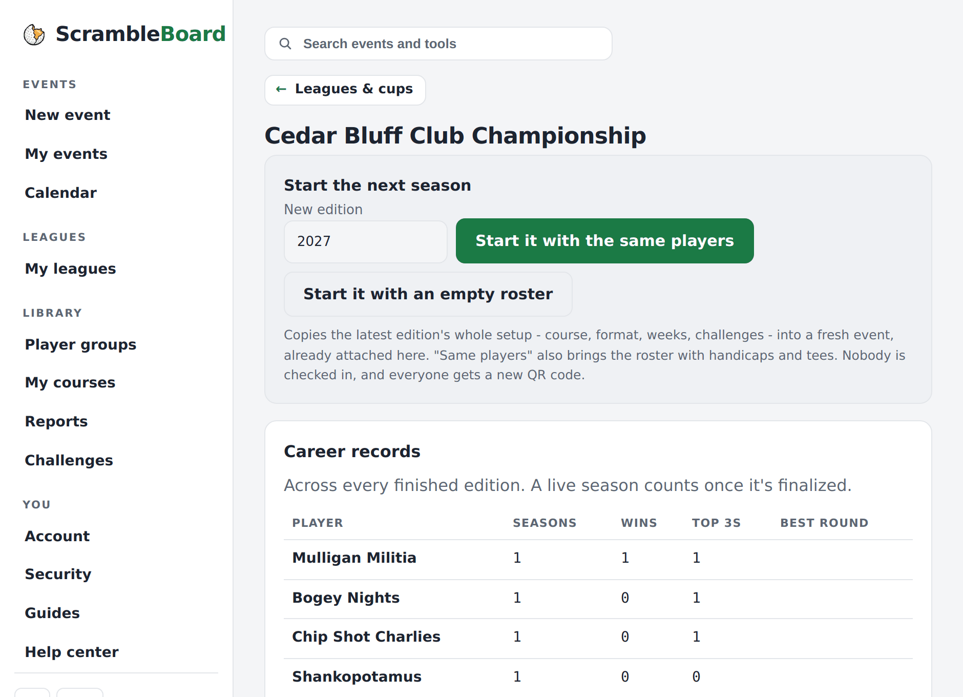 A series page - start the next season, then career records across every finished edition