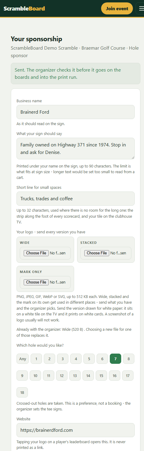 The page a business fills in, on the phone they will open it on