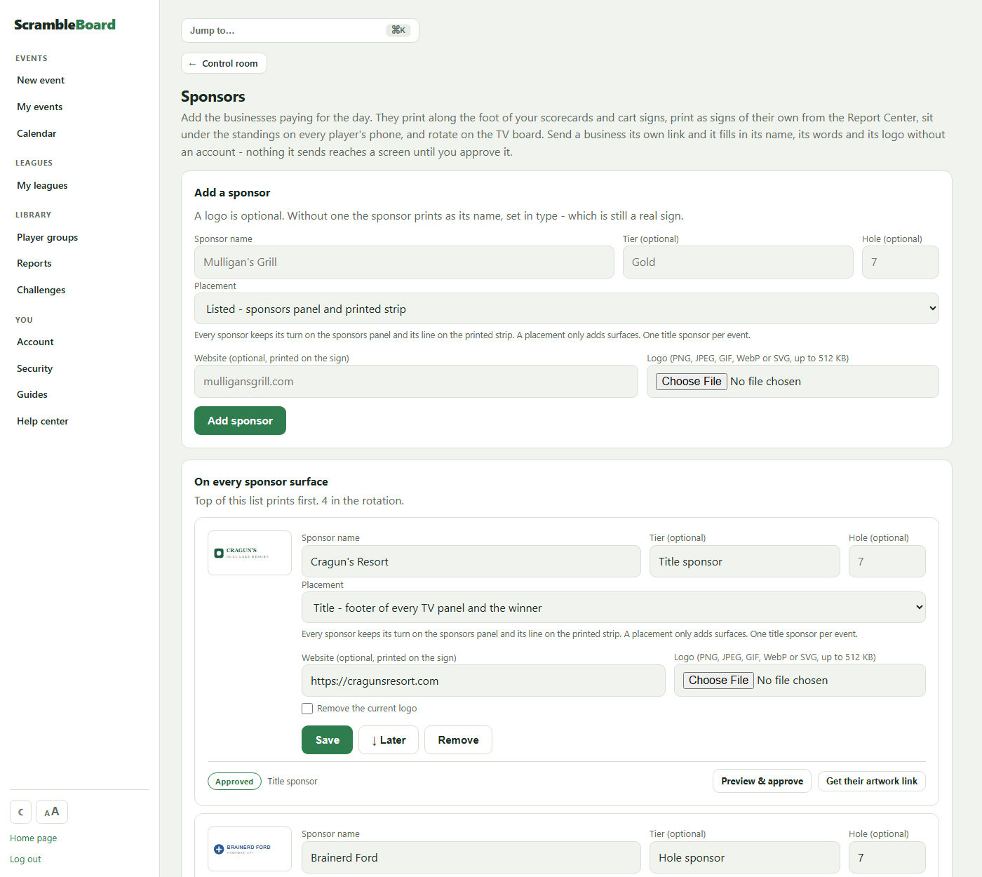The sponsors page: placement, artwork status, and the two buttons that move each one along
