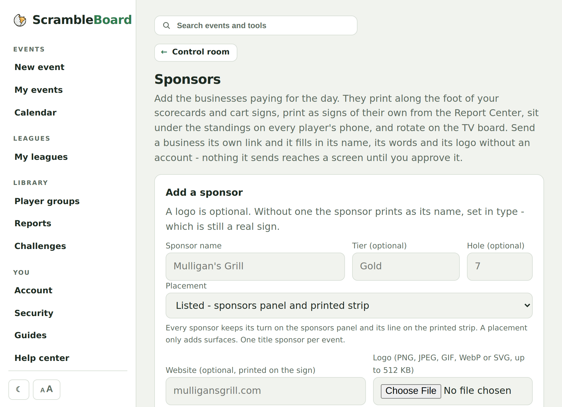 The sponsors page: placement, artwork status, and the two buttons that move each one along