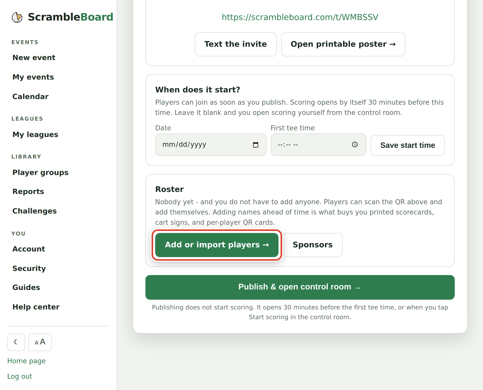 The share page - press Add or import players