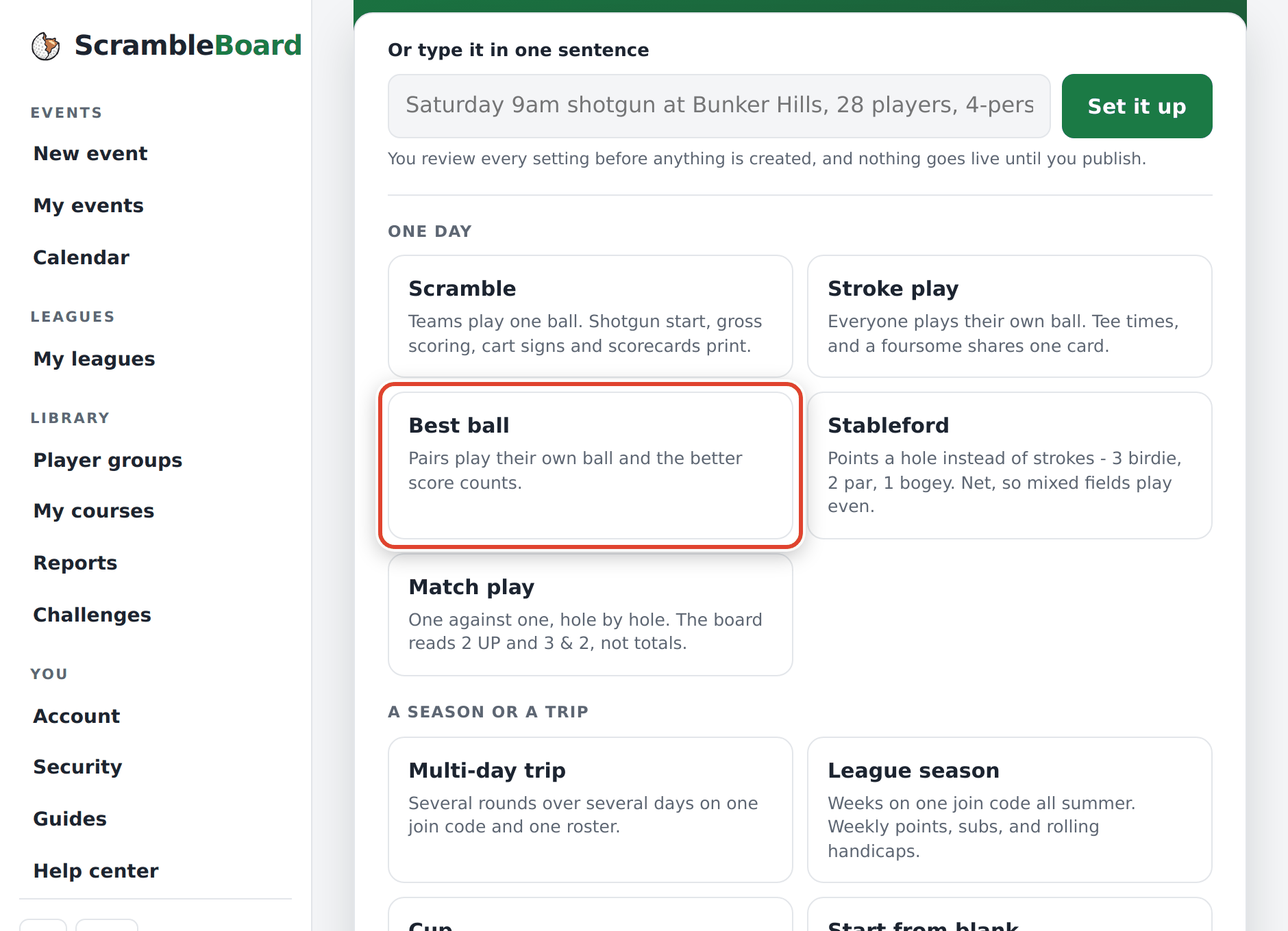 The "What are you running?" tiles - tap Best ball
