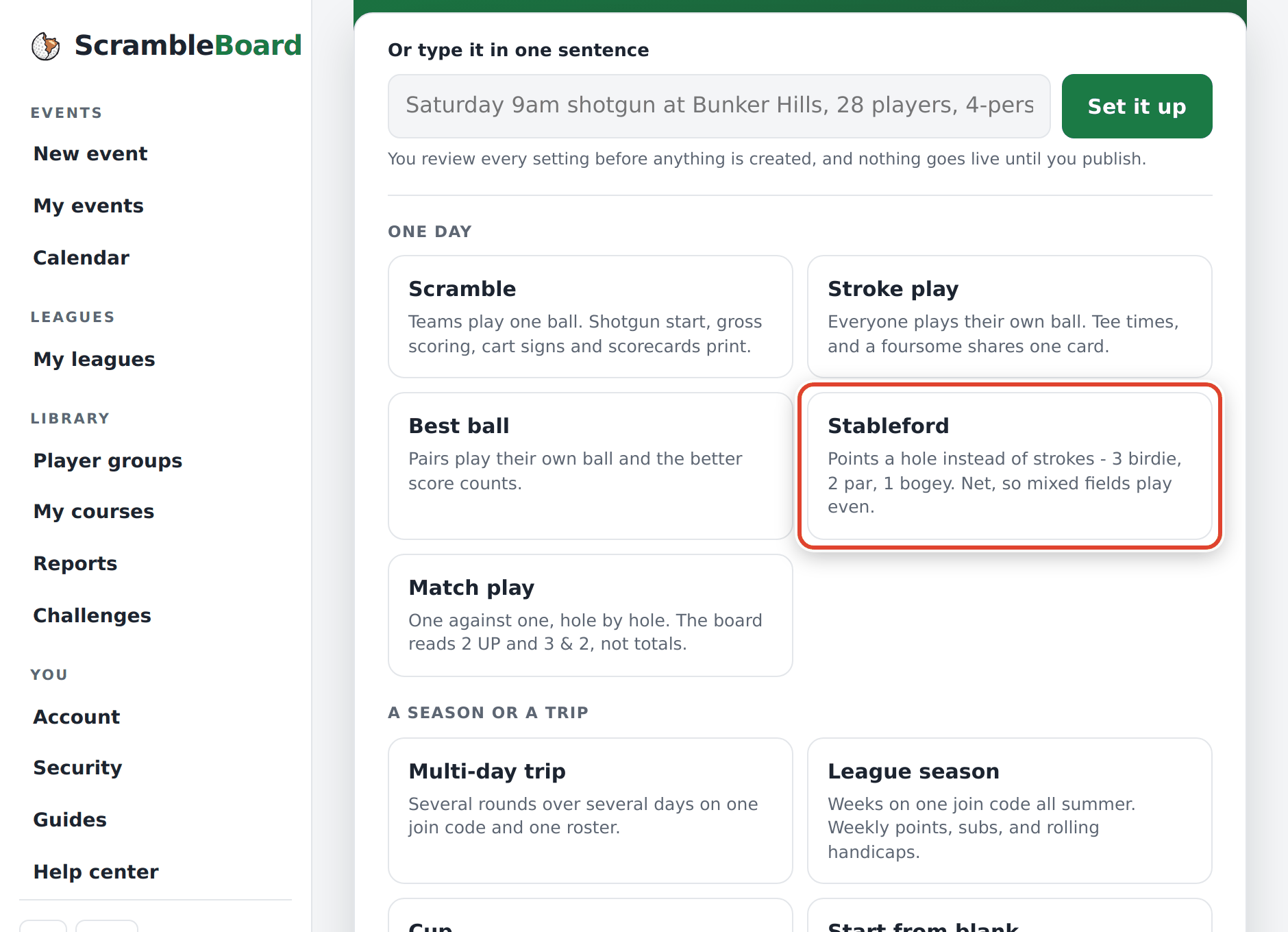 The "What are you running?" tiles - tap Stableford