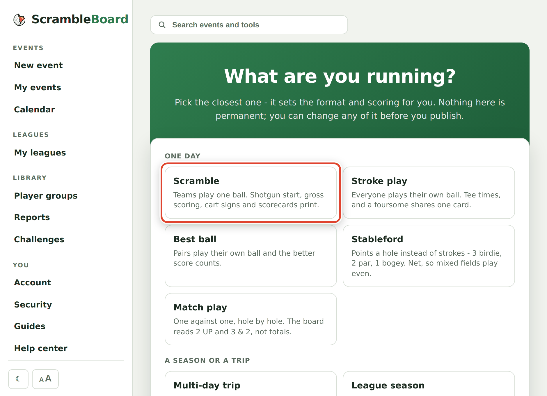 The "What are you running?" tiles - tap Scramble