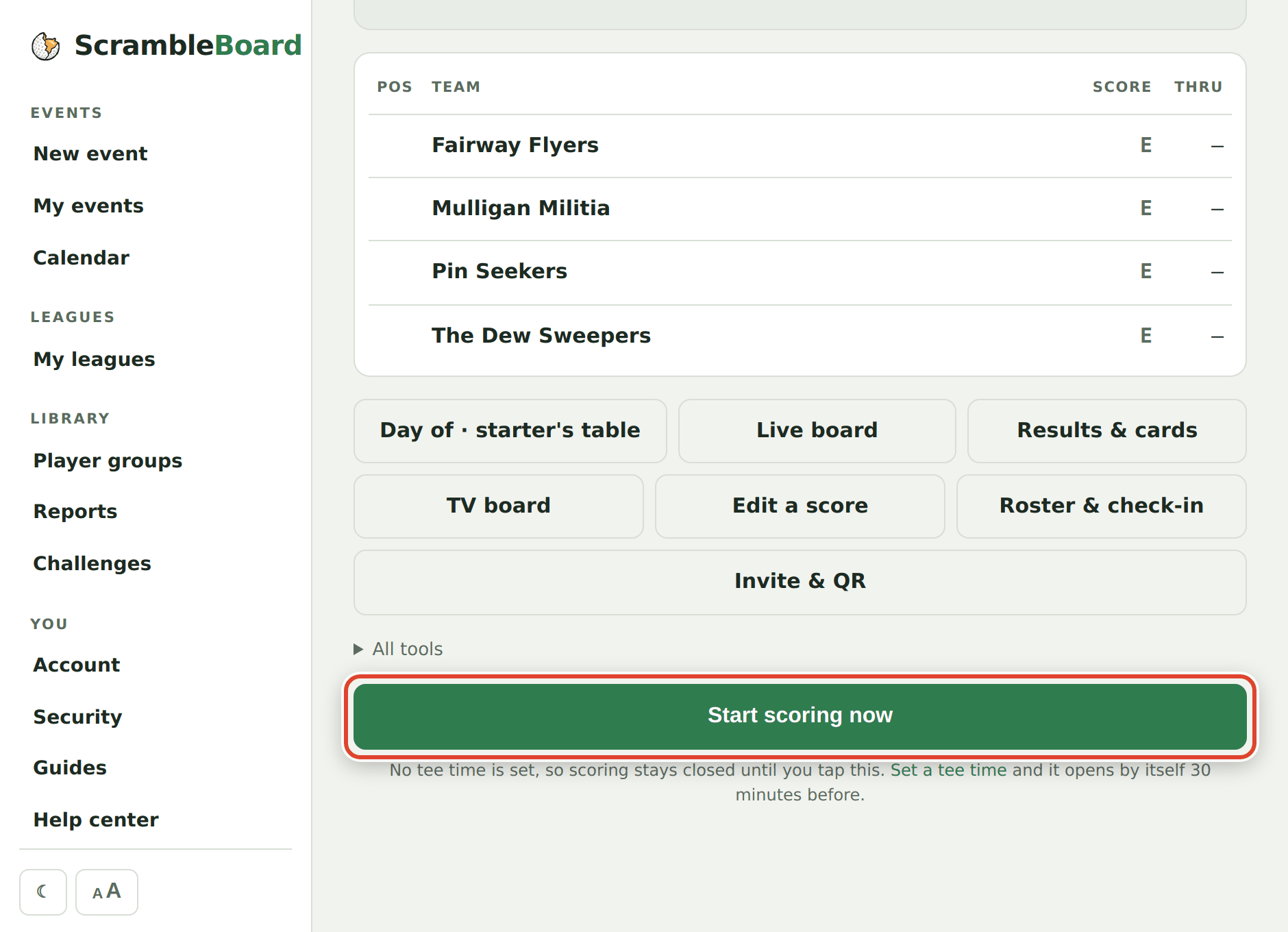 The control room - Start scoring now opens scoring when you are ready