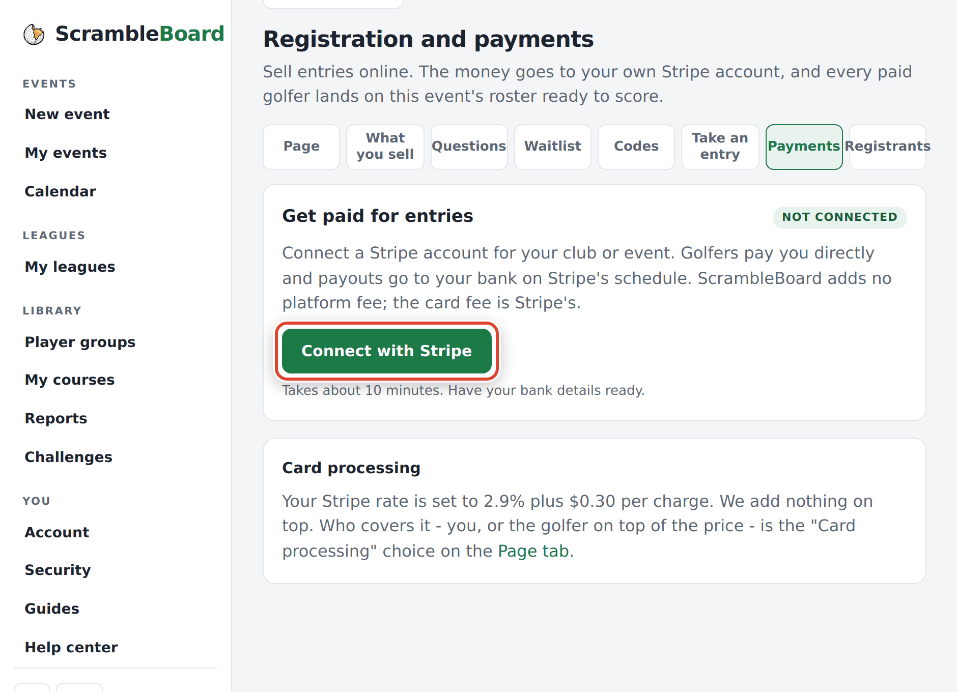 The Payments tab before Stripe is connected - press Connect with Stripe