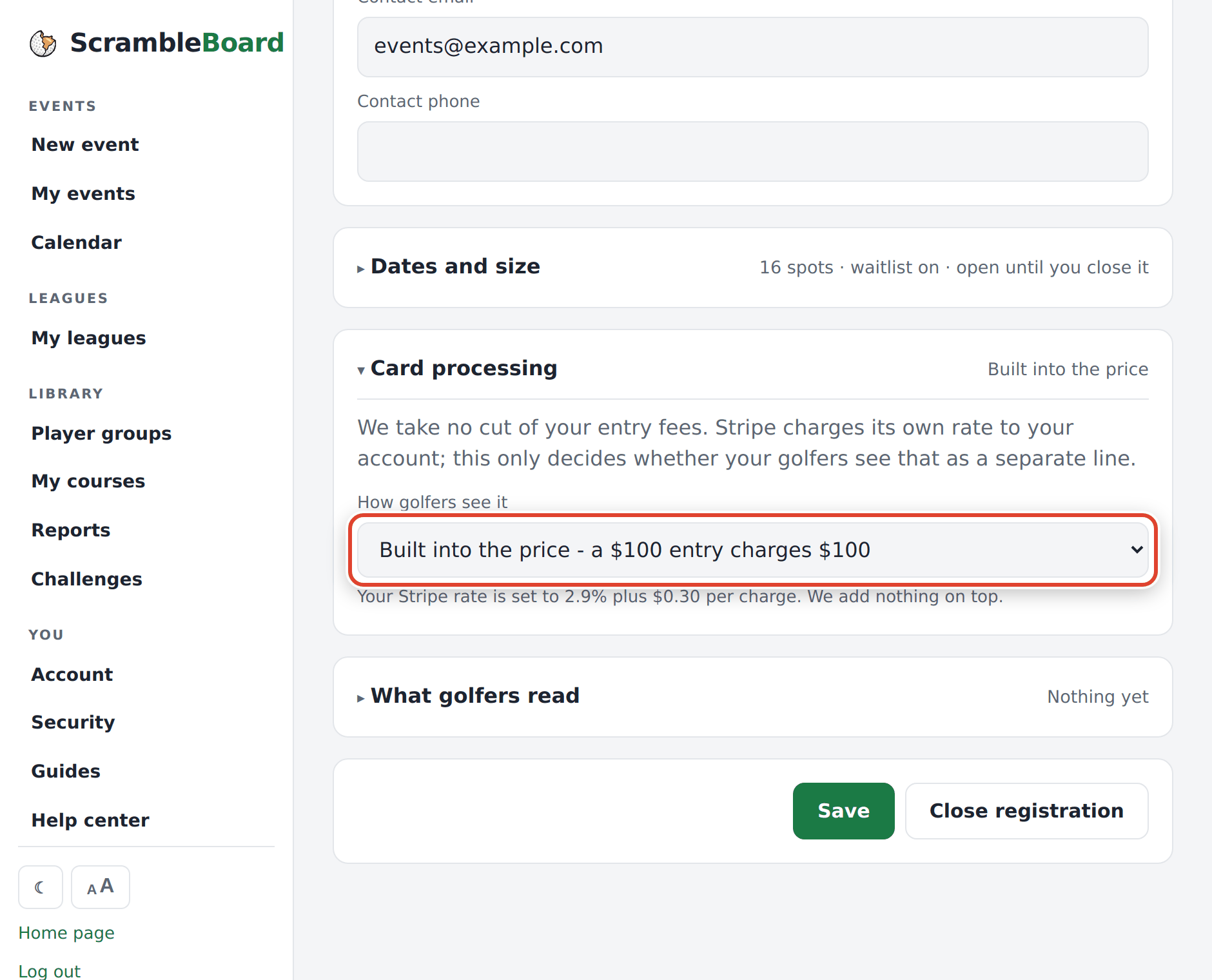 Card processing on the Page tab - built into the price, or added at checkout