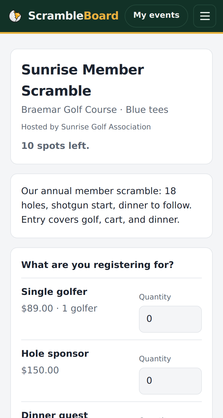 Your registration page on a golfer's phone
