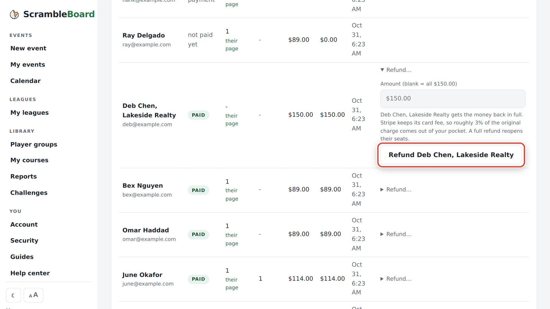 Registrants - every order, what was paid, and the Refund link