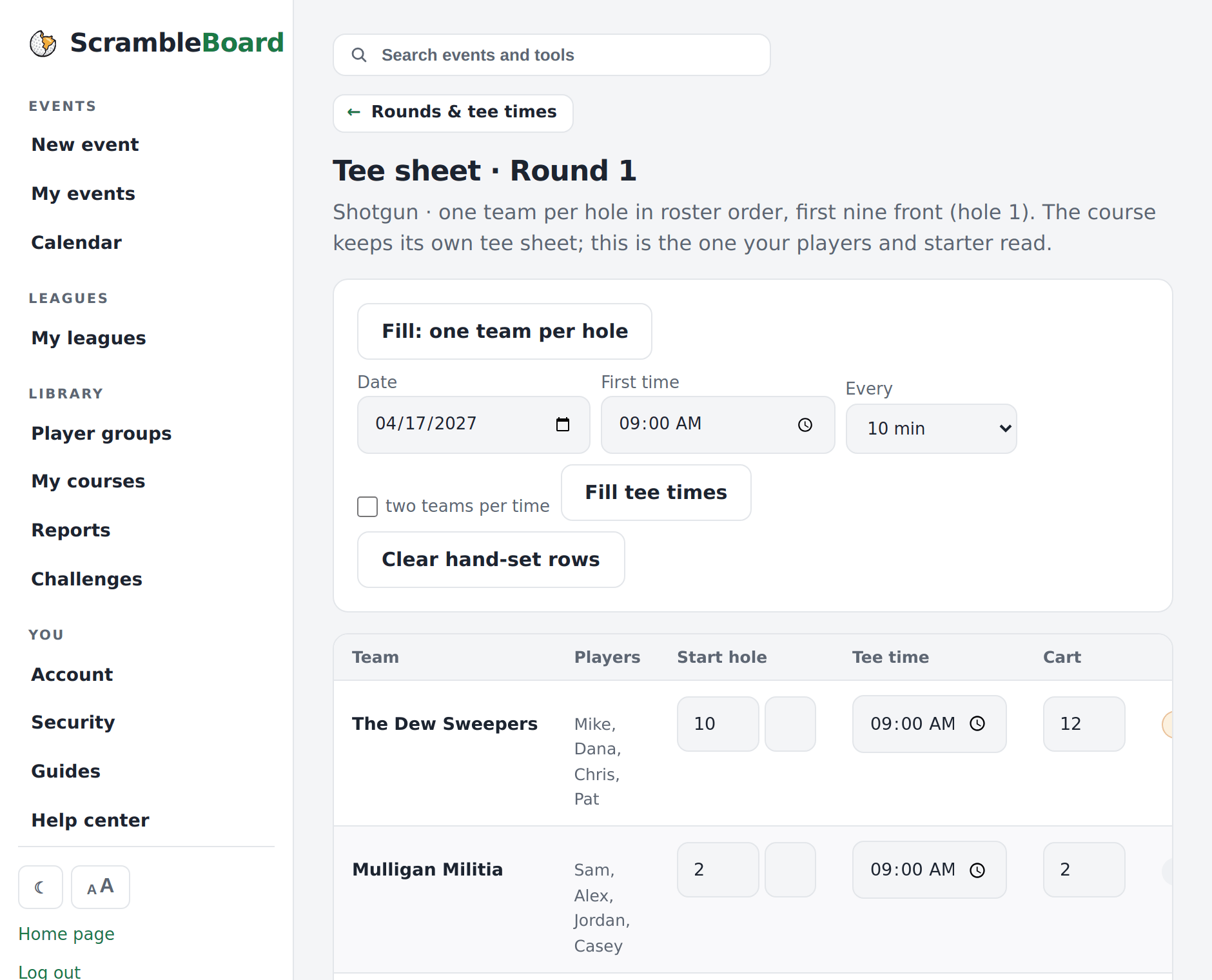 The tee sheet - start hole, tee time, and cart for every group