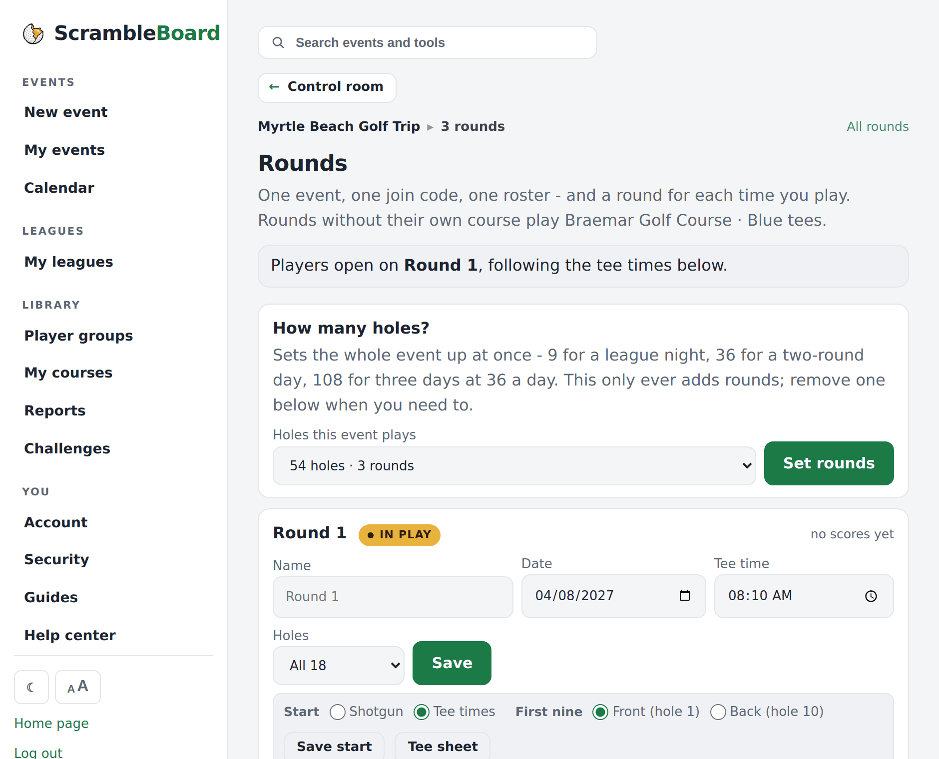 The rounds page - each day's course and tee time