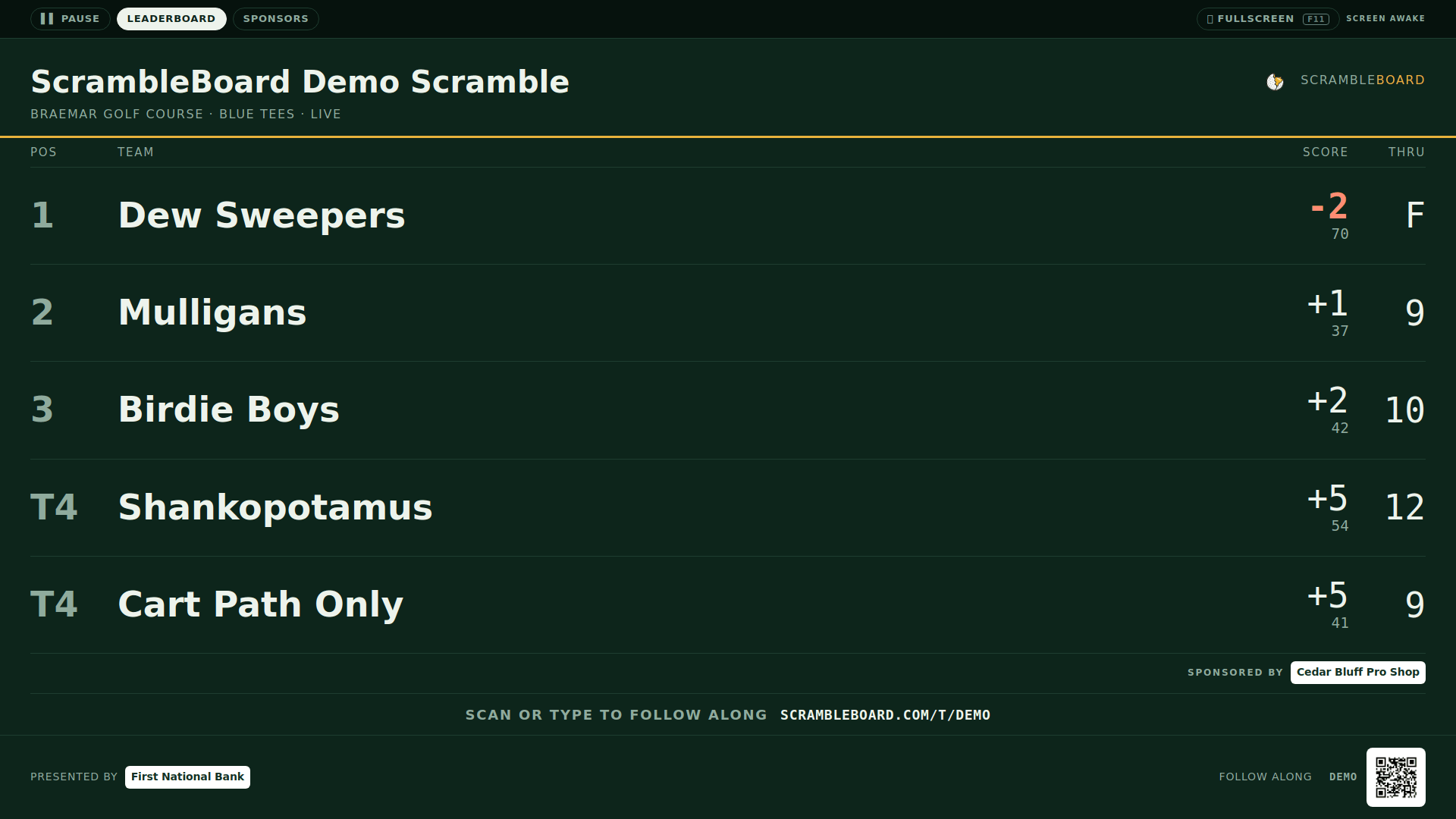 The leaderboard-only mode: standings, join code, and QR