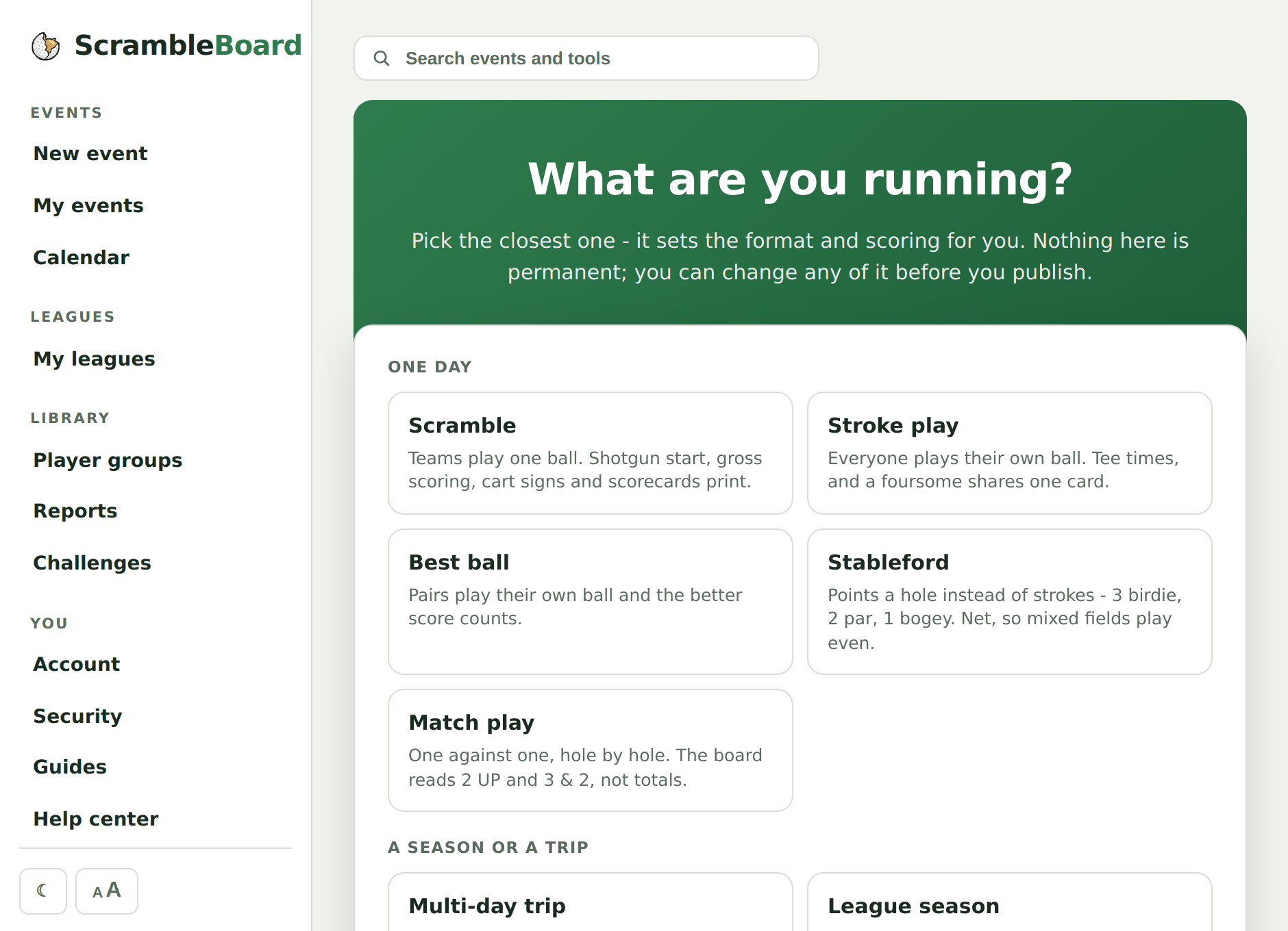 Choosing what kind of event you are running