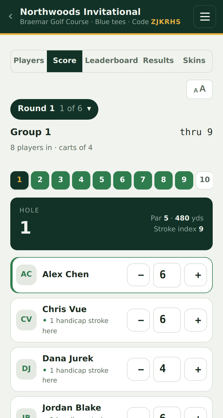 The same screen with handicap dots on a net event
