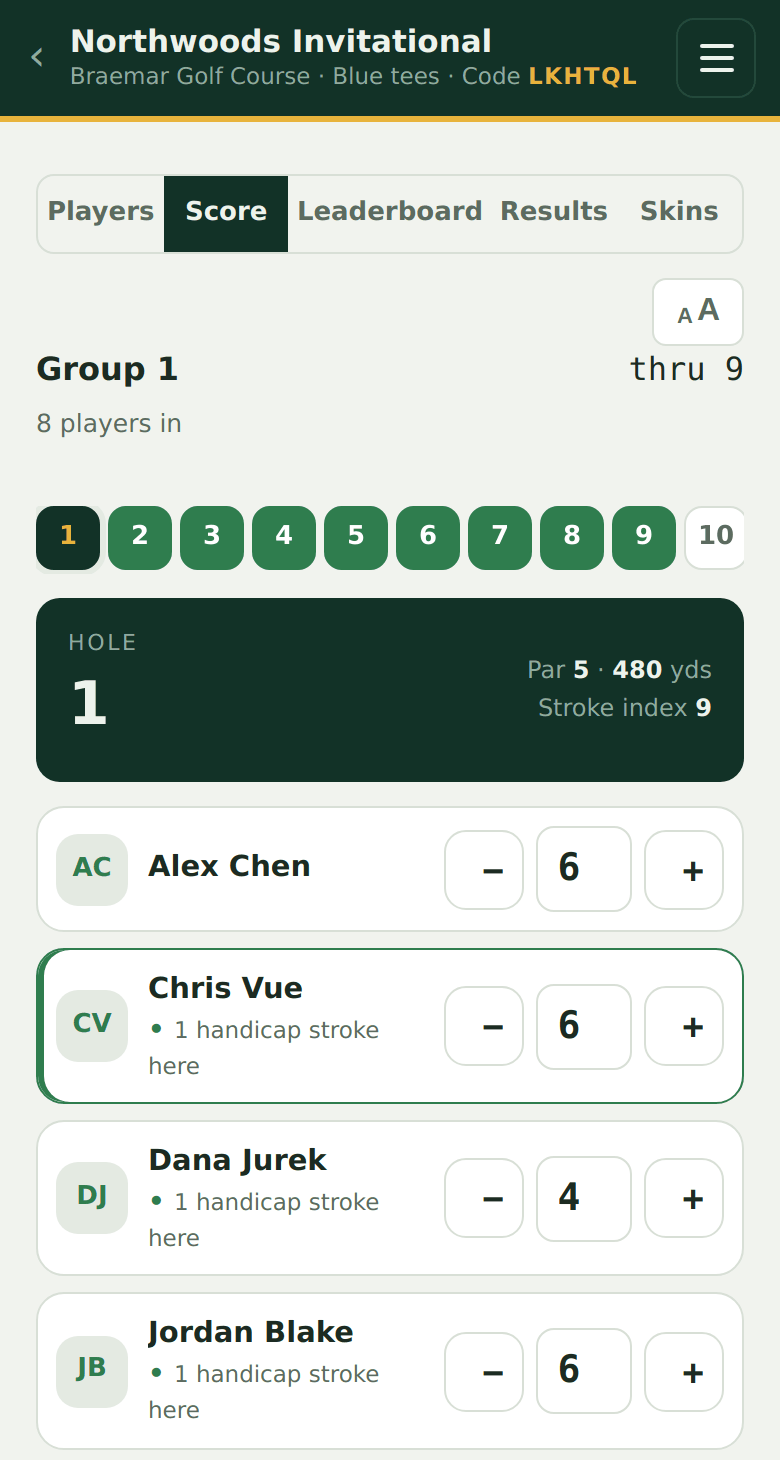 The same screen with handicap dots on a net event