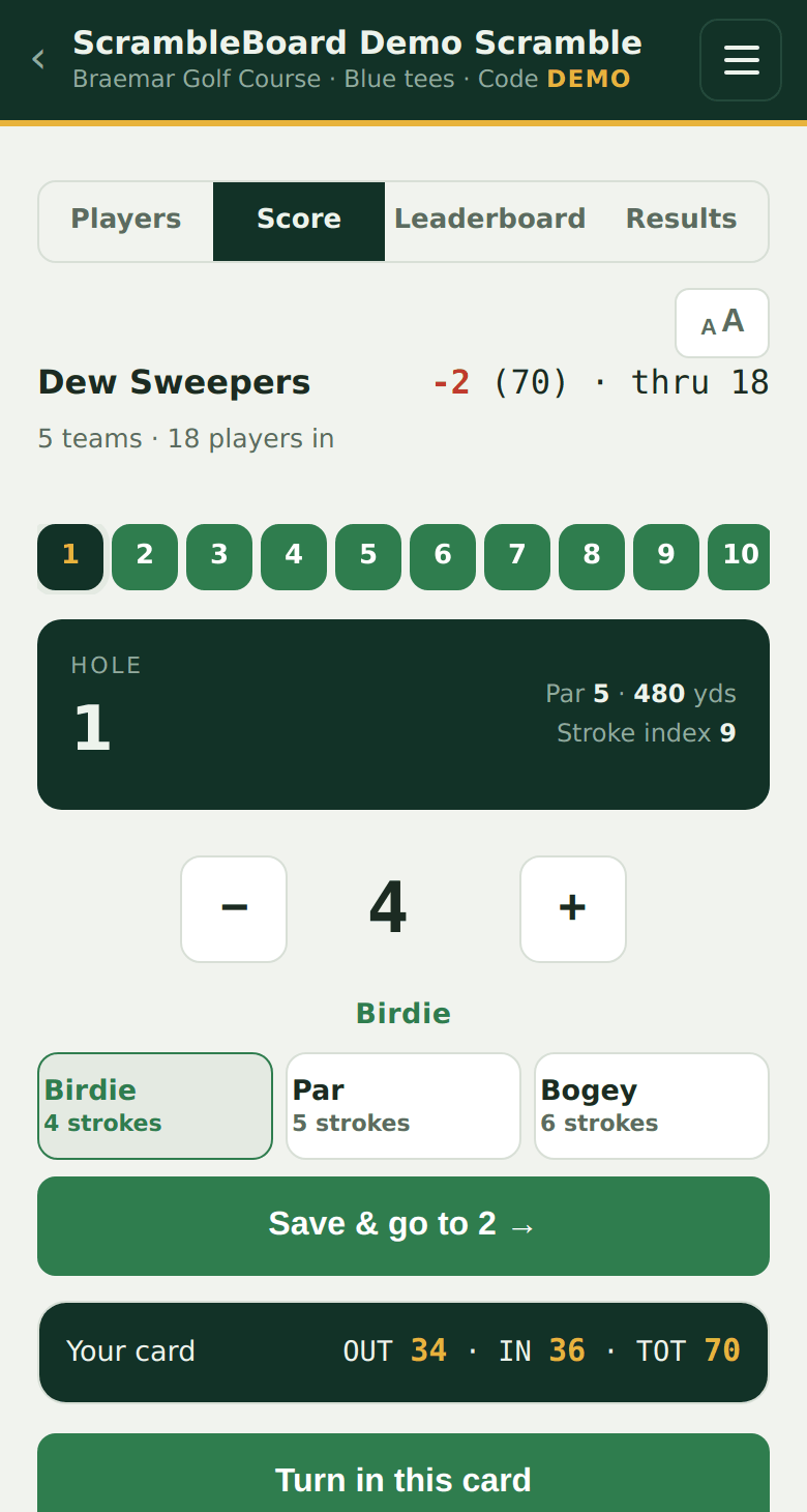 The simple hole-by-hole scoring screen