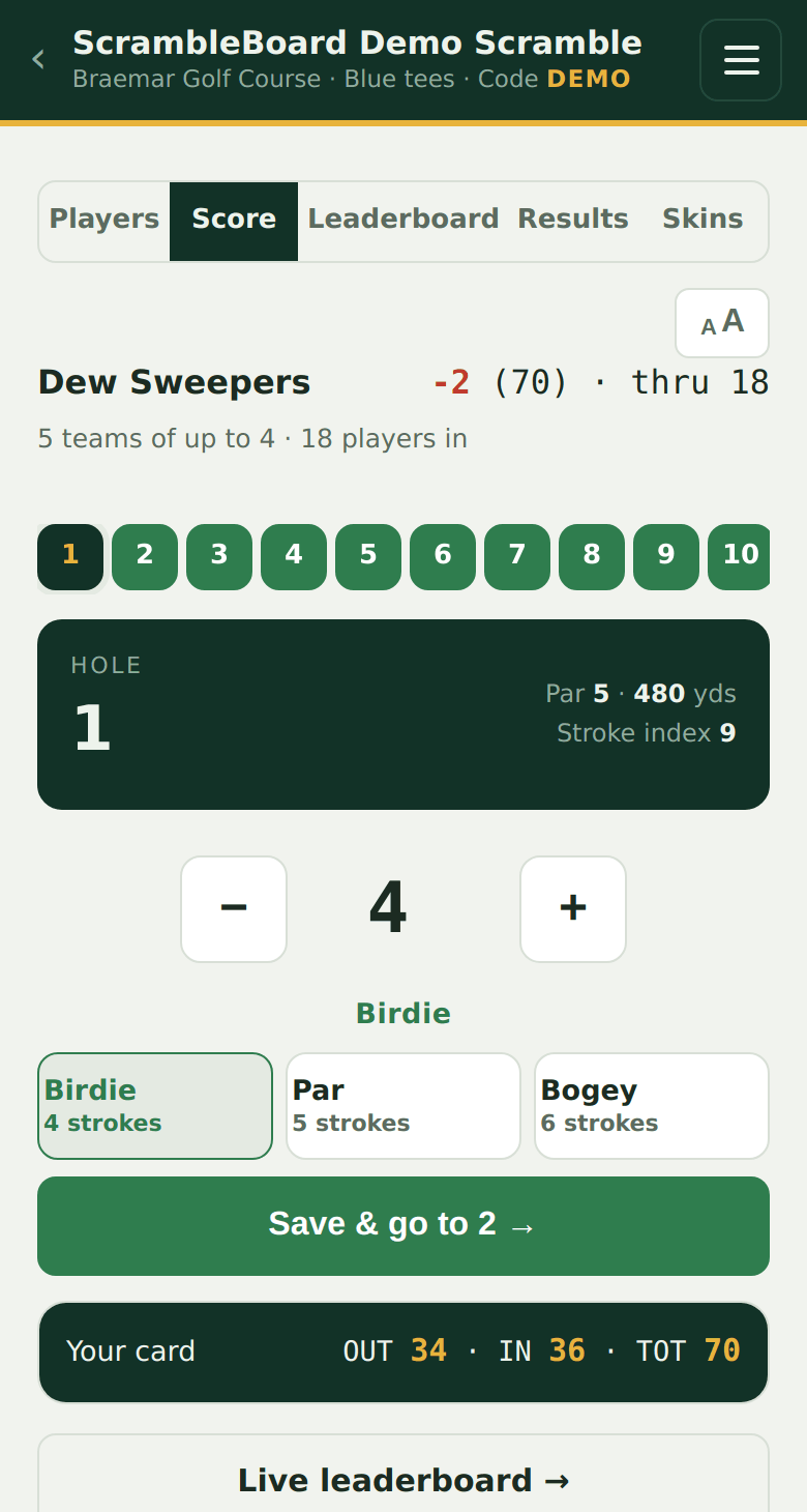 The simple hole-by-hole scoring screen